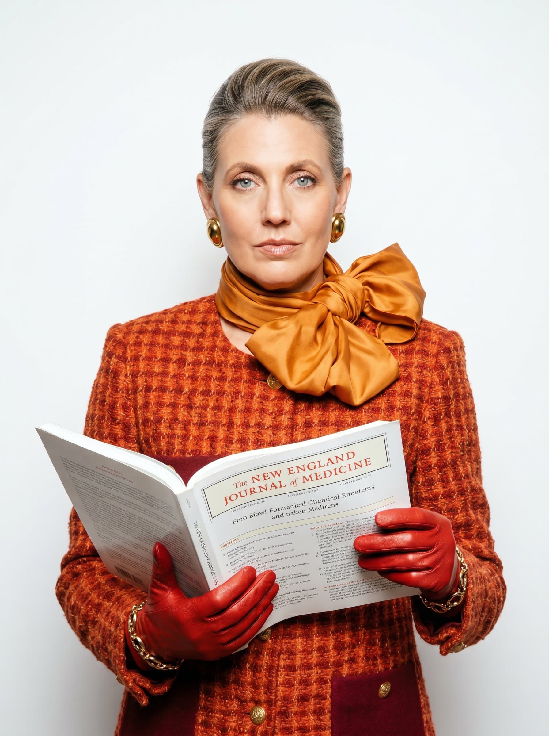 With an open medical journal in hand, poses with a poised expression. The clean, white backdrop and subtle lighting emphasize a diligent and empathetic demeanor, fitting for a psychiatrist's headshot.