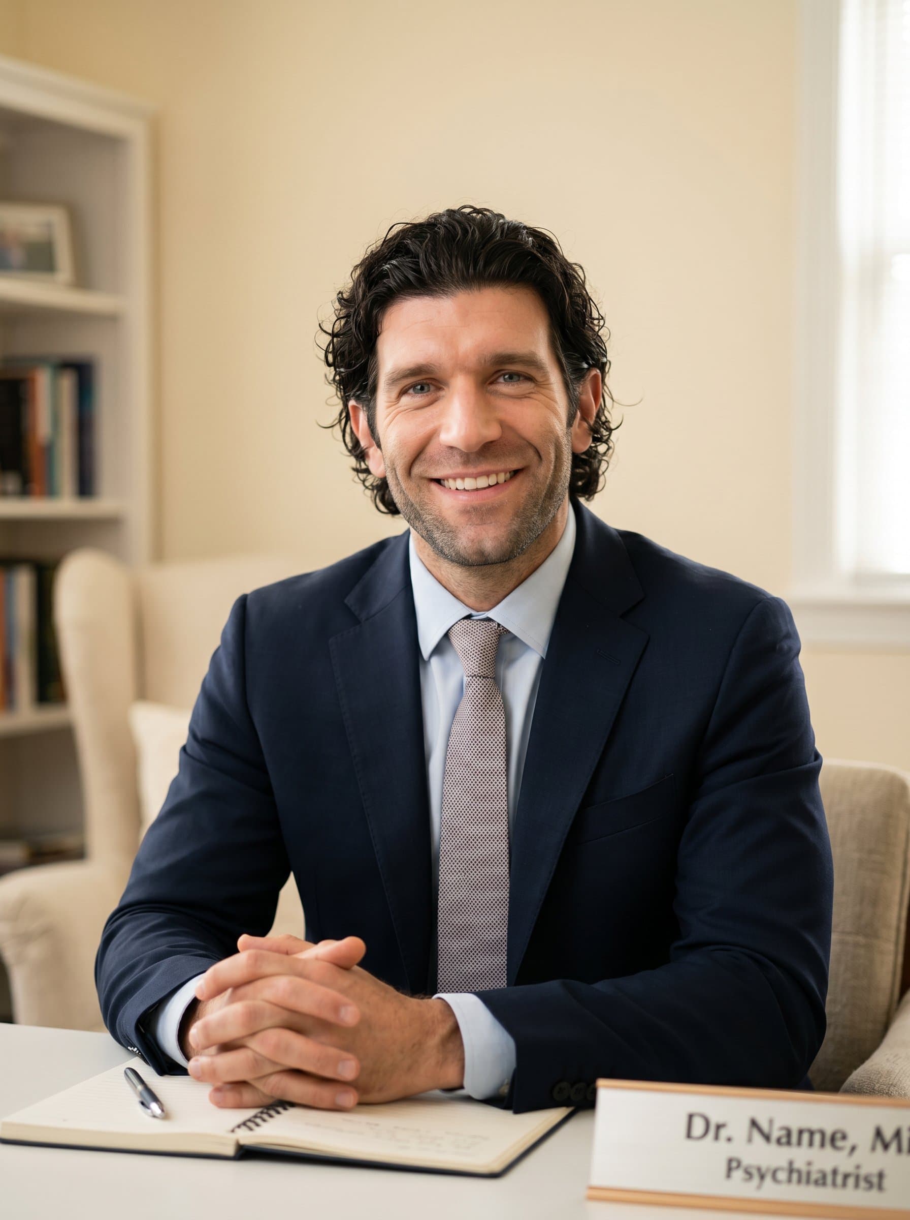captured in a softly lit environment, with a subtle yet reassuring smile. The plain backdrop enhances their well-groomed appearance and professional attire, reflecting their role as an empathetic psychiatrist.