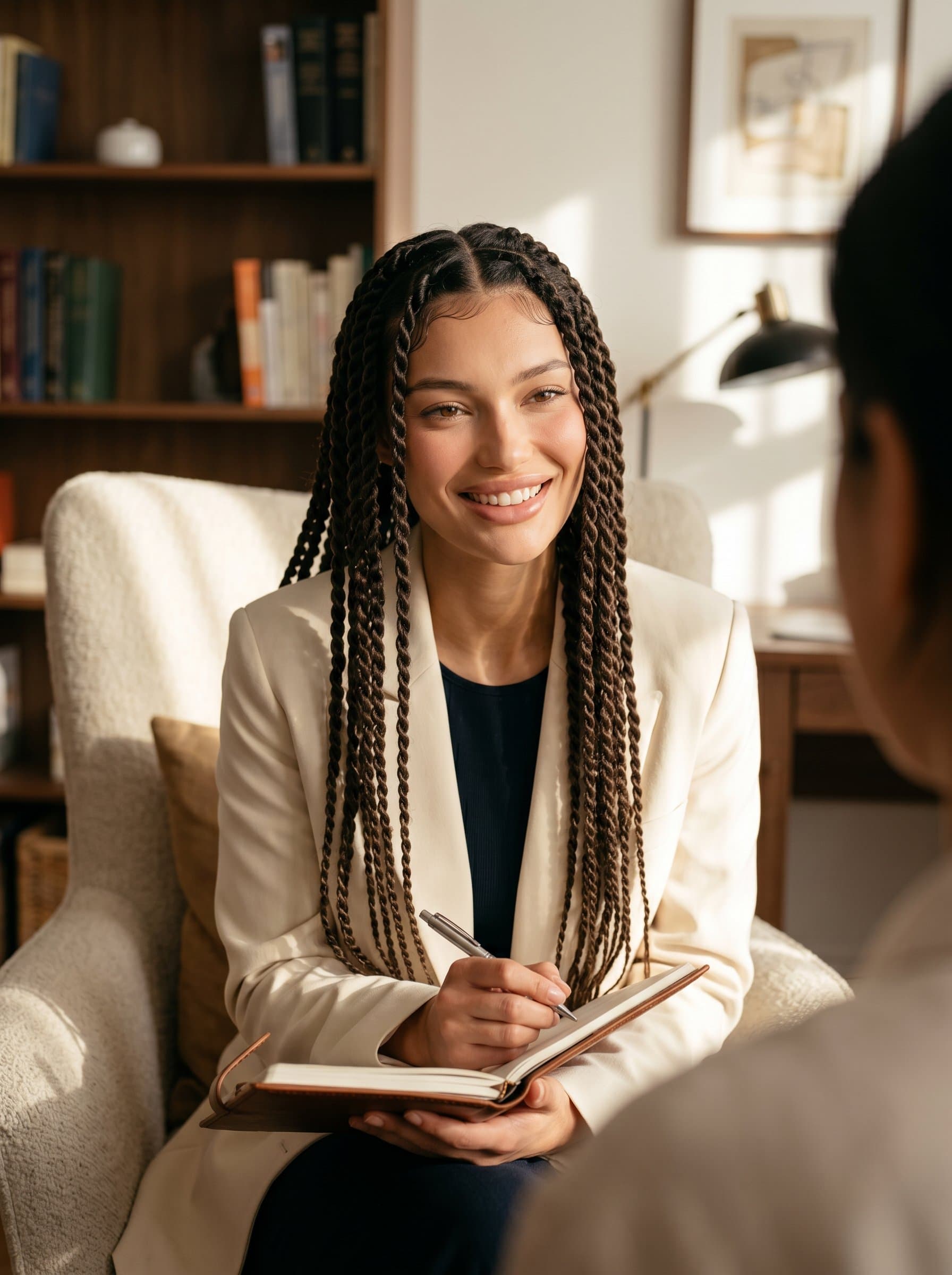 in a warm-toned office, with a pen and notepad in hand. Their attentive pose and genuine smile convey an environment of trust, knowledge, and patient-focused care in the psychiatric field.
