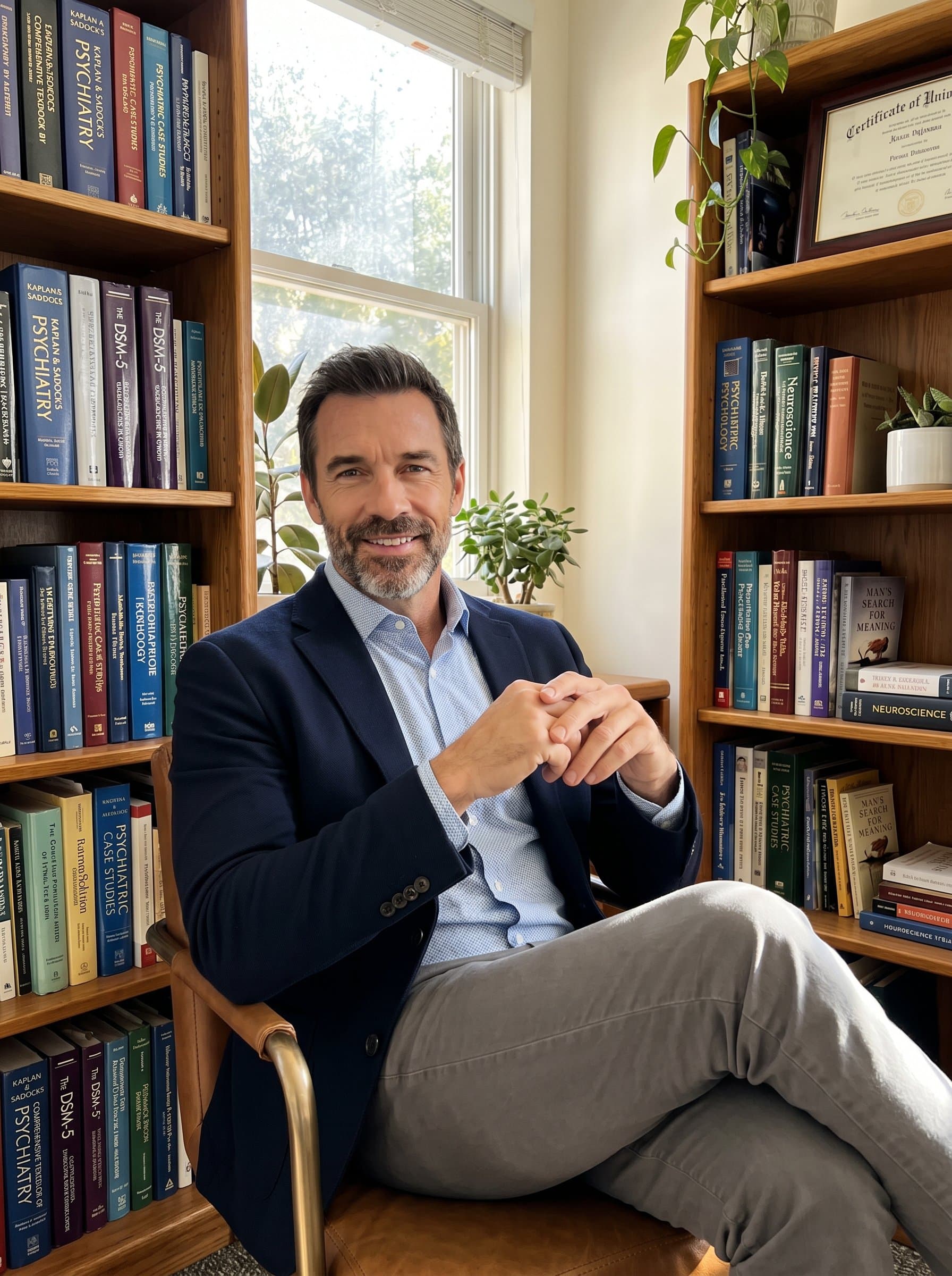 in a sunlit office, framed by bookshelves filled with psychiatric literature. Wearing a smart casual outfit, their inviting smile and relaxed posture suggest a balance of expertise and approachability.