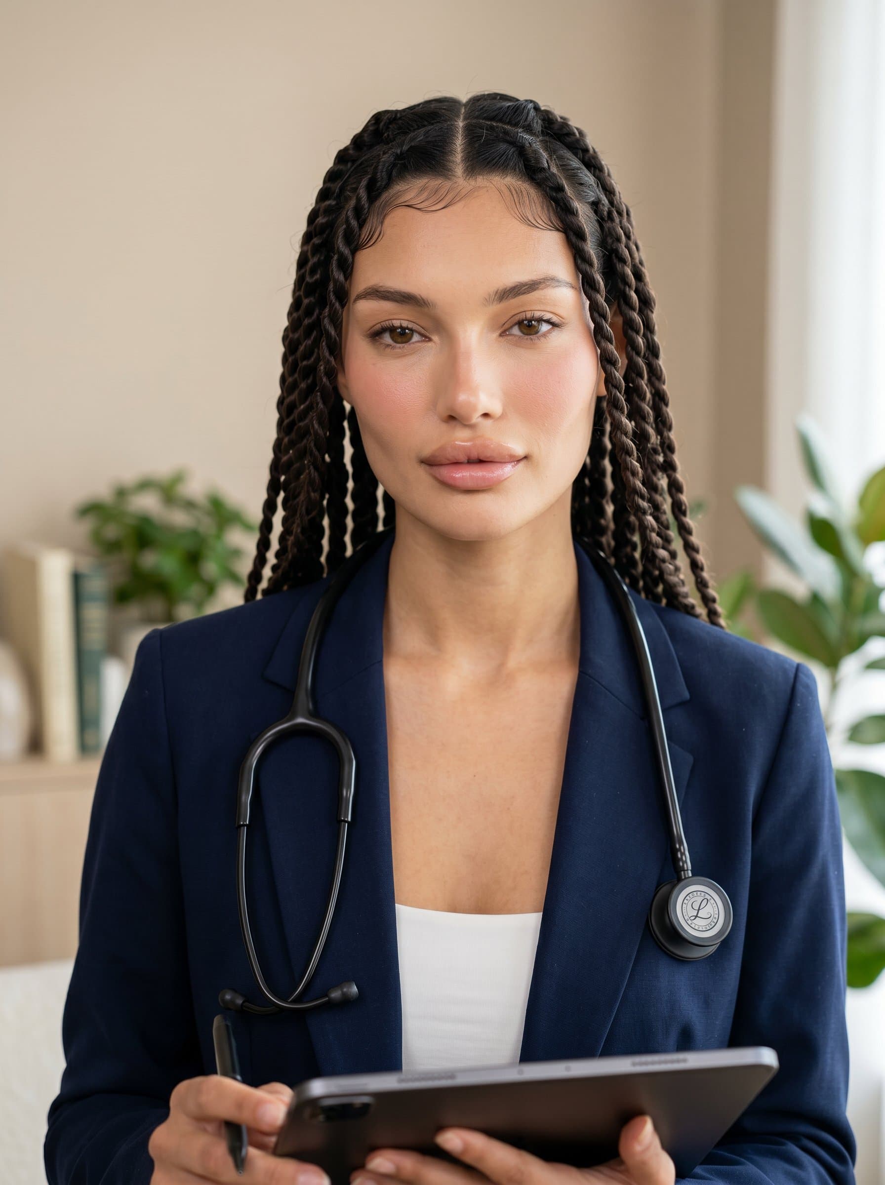 In a serene clinic environment, with a stethoscope around the neck, projecting knowledge and care. The smooth, neutral background complements a compassionate gaze, perfect for a psychiatrist's persona.