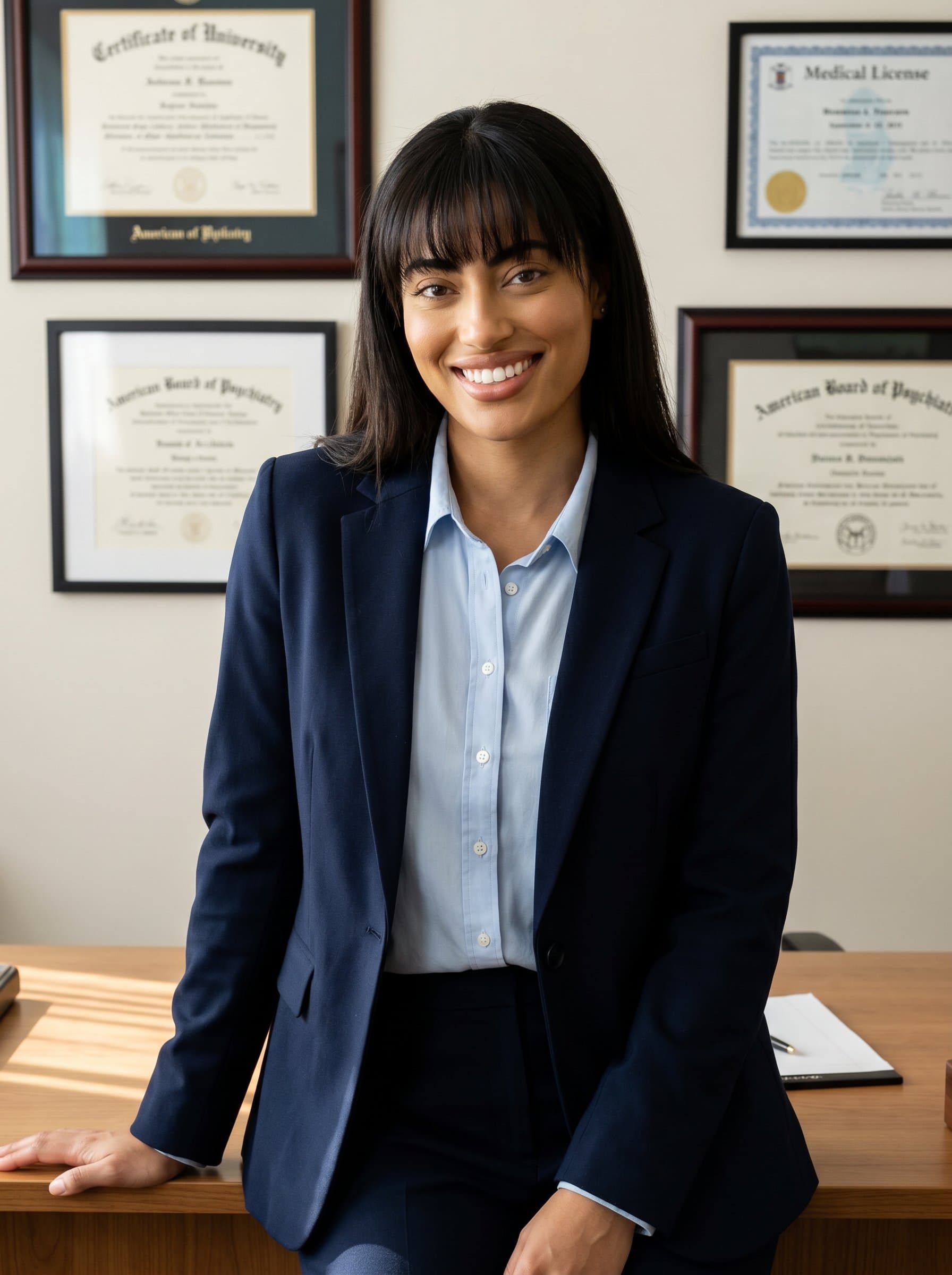 leaning casually against a desk, with framed certifications subtly visible in the backdrop. The relaxed pose and confident smile suggest a highly qualified and approachable psychiatric expert.