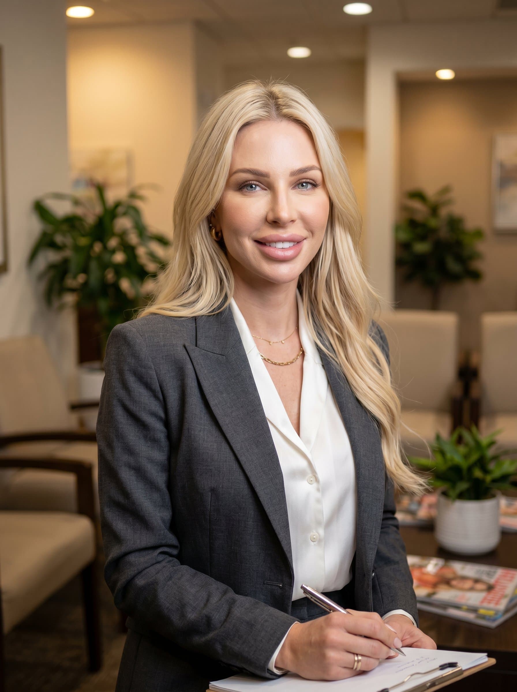 Against a blurred background depicting a waiting room, dons a sleek, professional outfit, their engaging eyes meeting the viewer. The warm lighting enhances the image of a kind and competent psychiatrist.