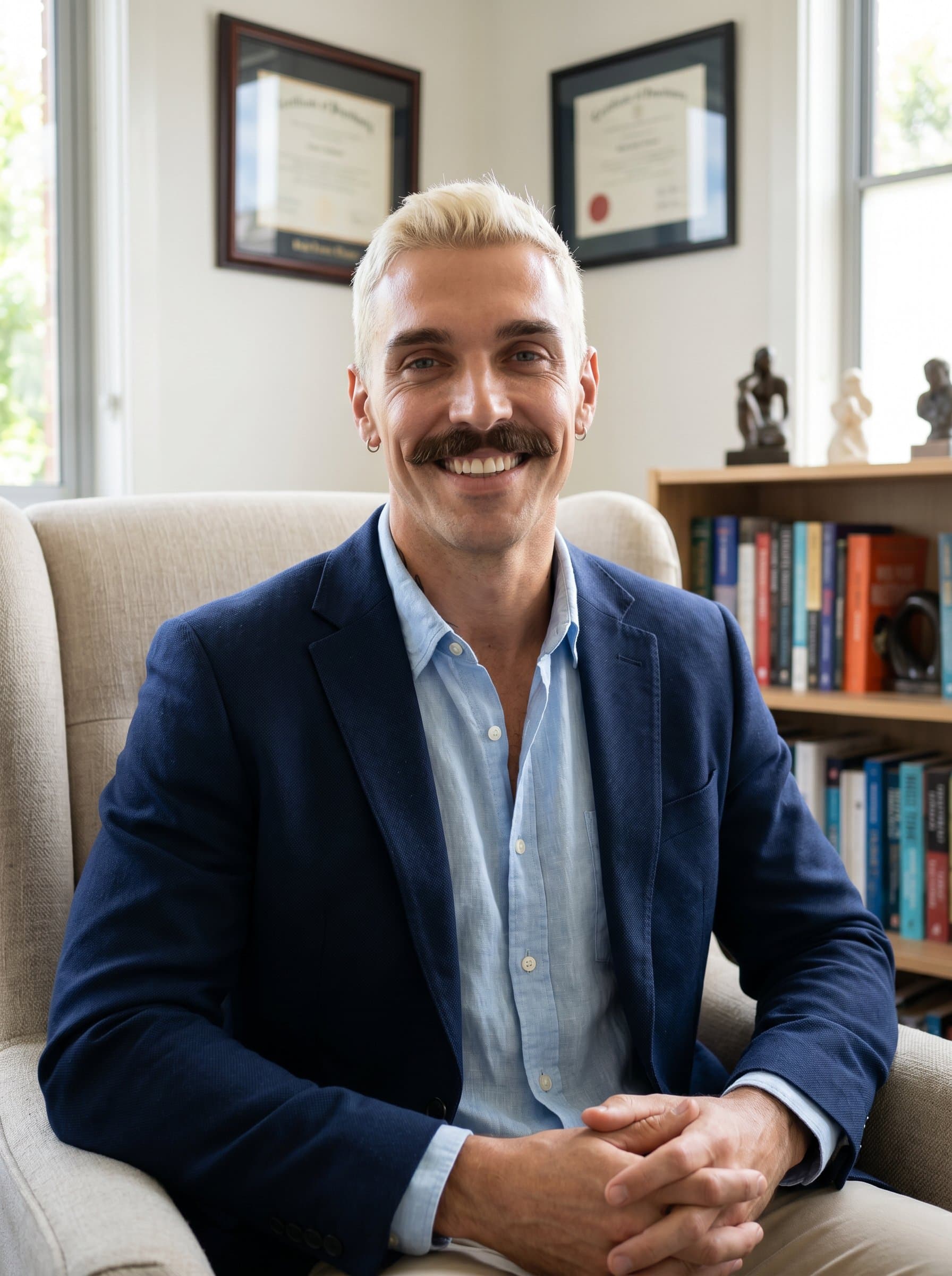 In a tastefully decorated room, 's relaxed smile radiates warmth and trust. Wearing a neat blazer and open-neck shirt, the setting subtly suggests a blend of comfort and professionalism in psychiatry.
