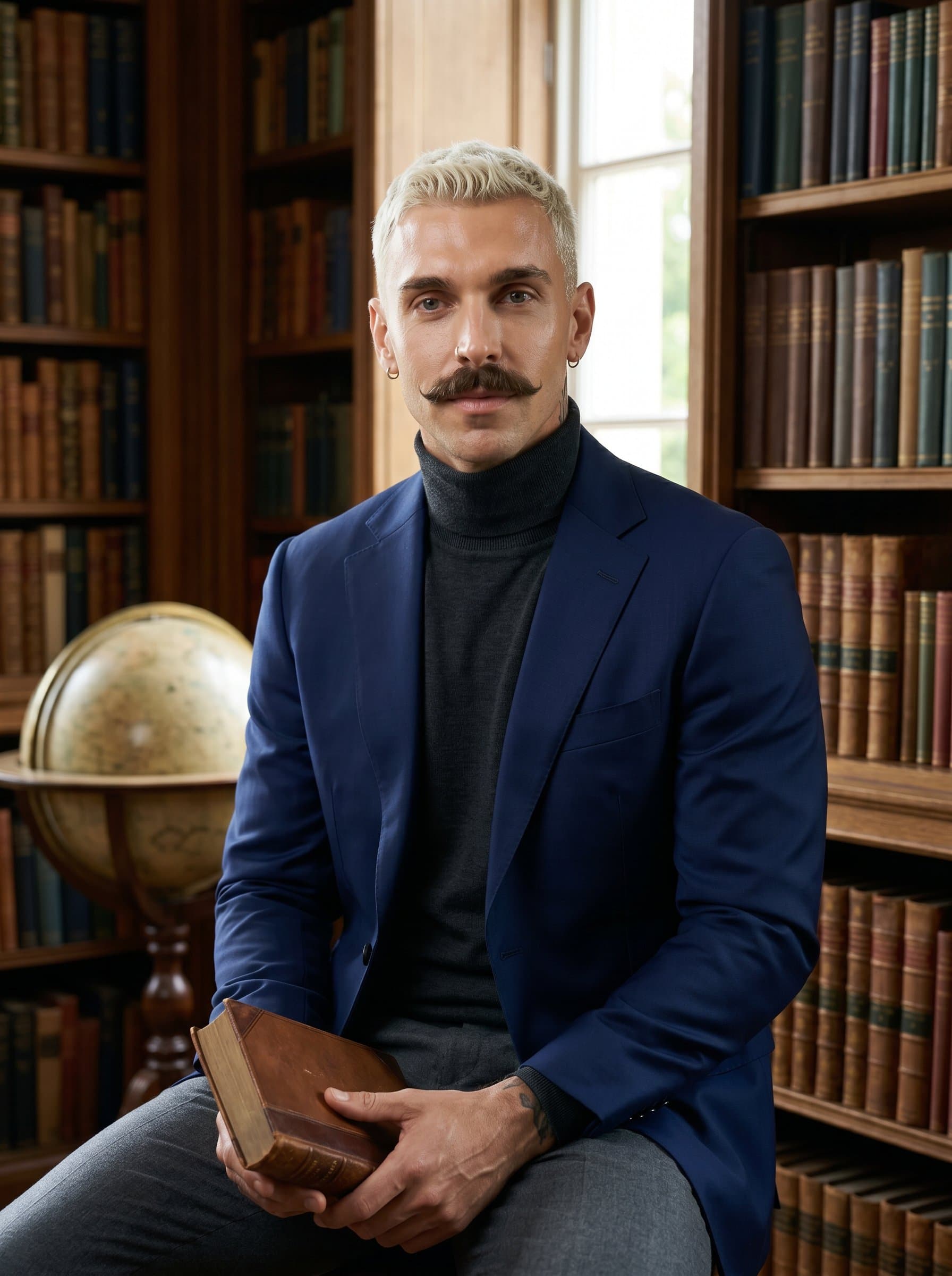 within a library setting, wearing polished attire and a subtle expression of understanding. Books in the background hint at a wealth of knowledge, offering an image of trust and expertise.