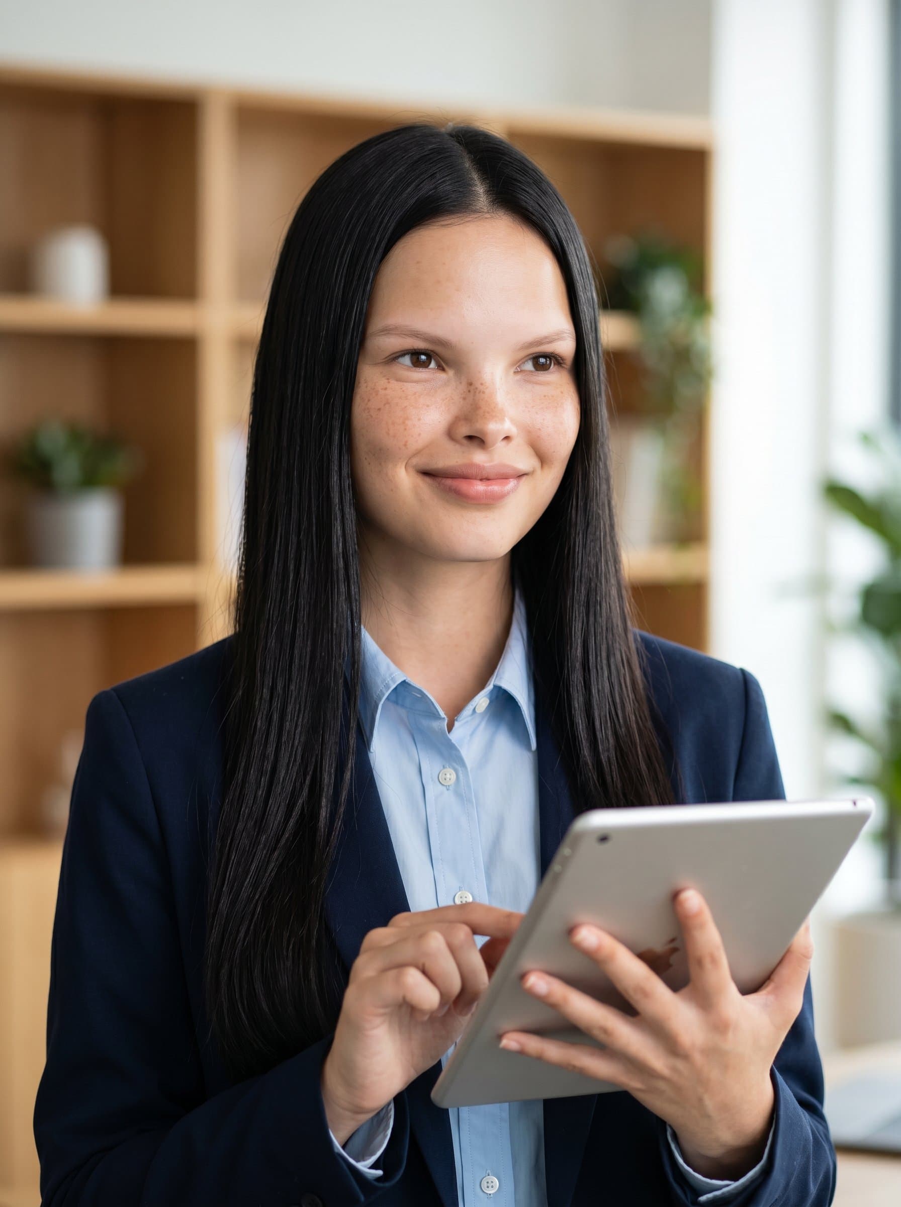With a digital tablet in hand, under gentle lighting, exudes an image of modern professionalism. The clean background and thoughtful demeanor make it fitting for a forward-thinking psychiatrist's headshot.