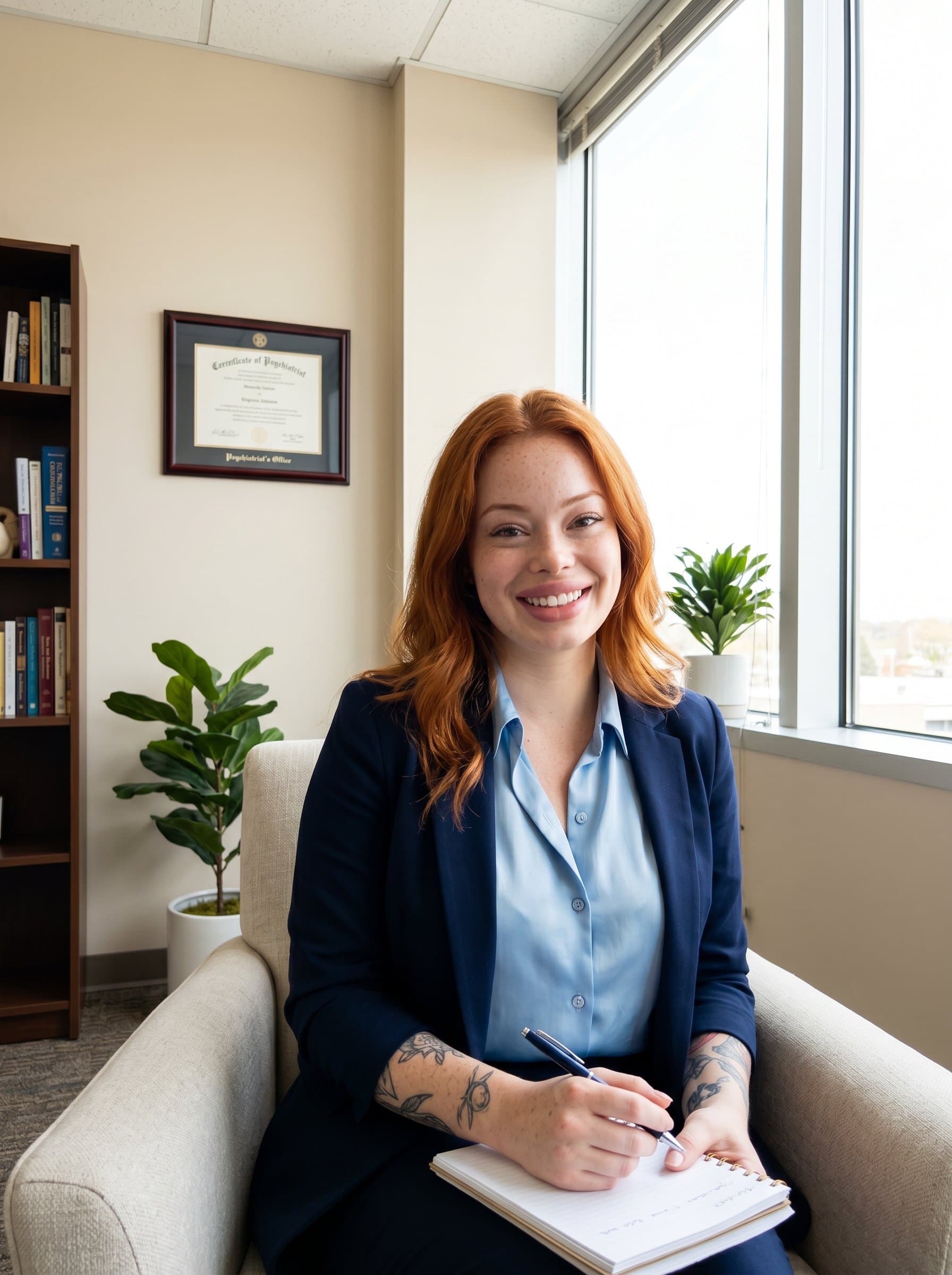 Beside a window with light streaming in, dressed in classic attire evokes a serene atmosphere. The clean background highlights a professional yet friendly aura essential for a psychiatrist's practice.