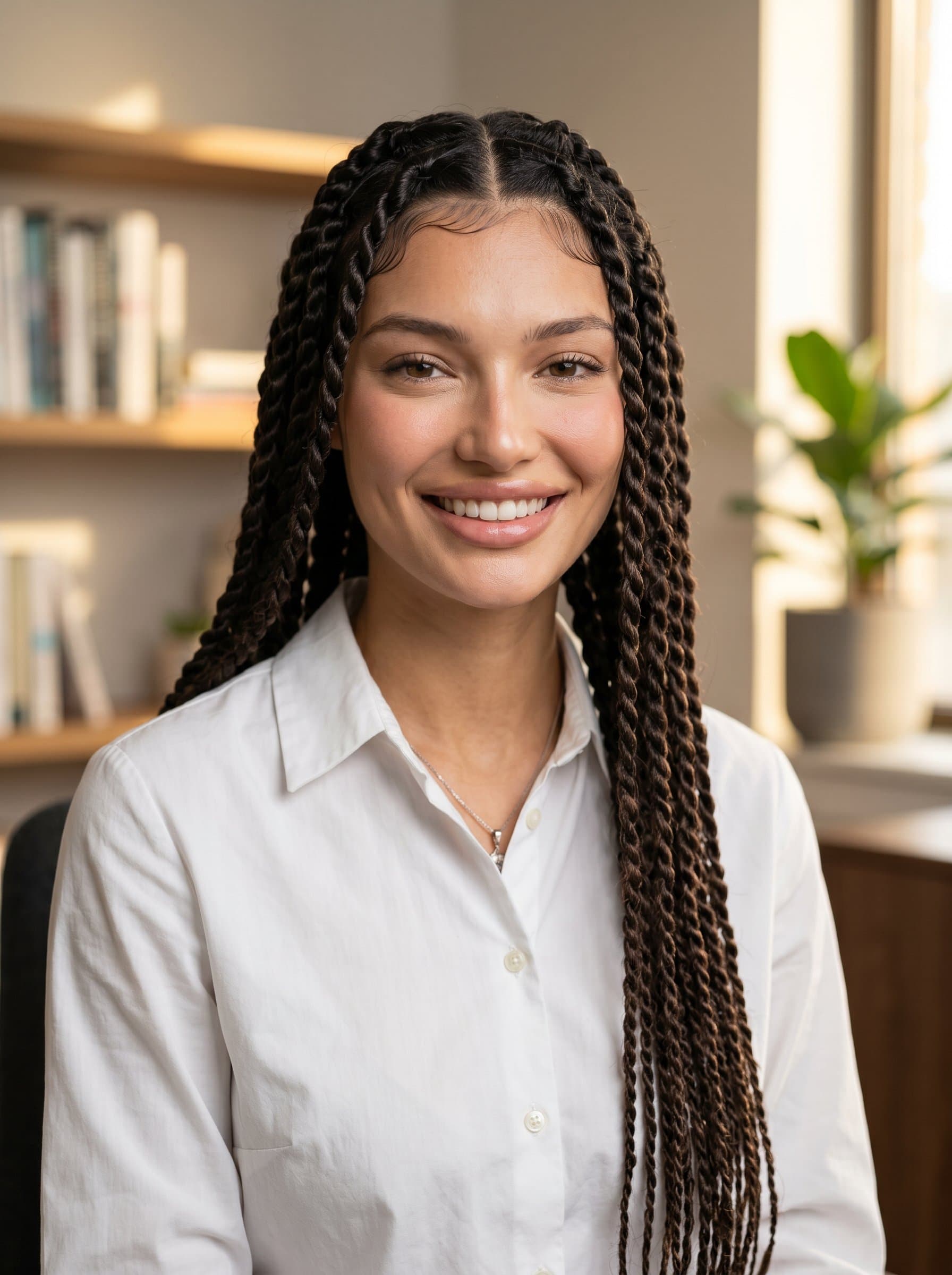 in a modern office setting, wearing a crisp white shirt and subtle accessories, casting a warm smile. Soft, natural lighting highlights a welcoming presence, ideal for a psychiatrist's professional headshot.