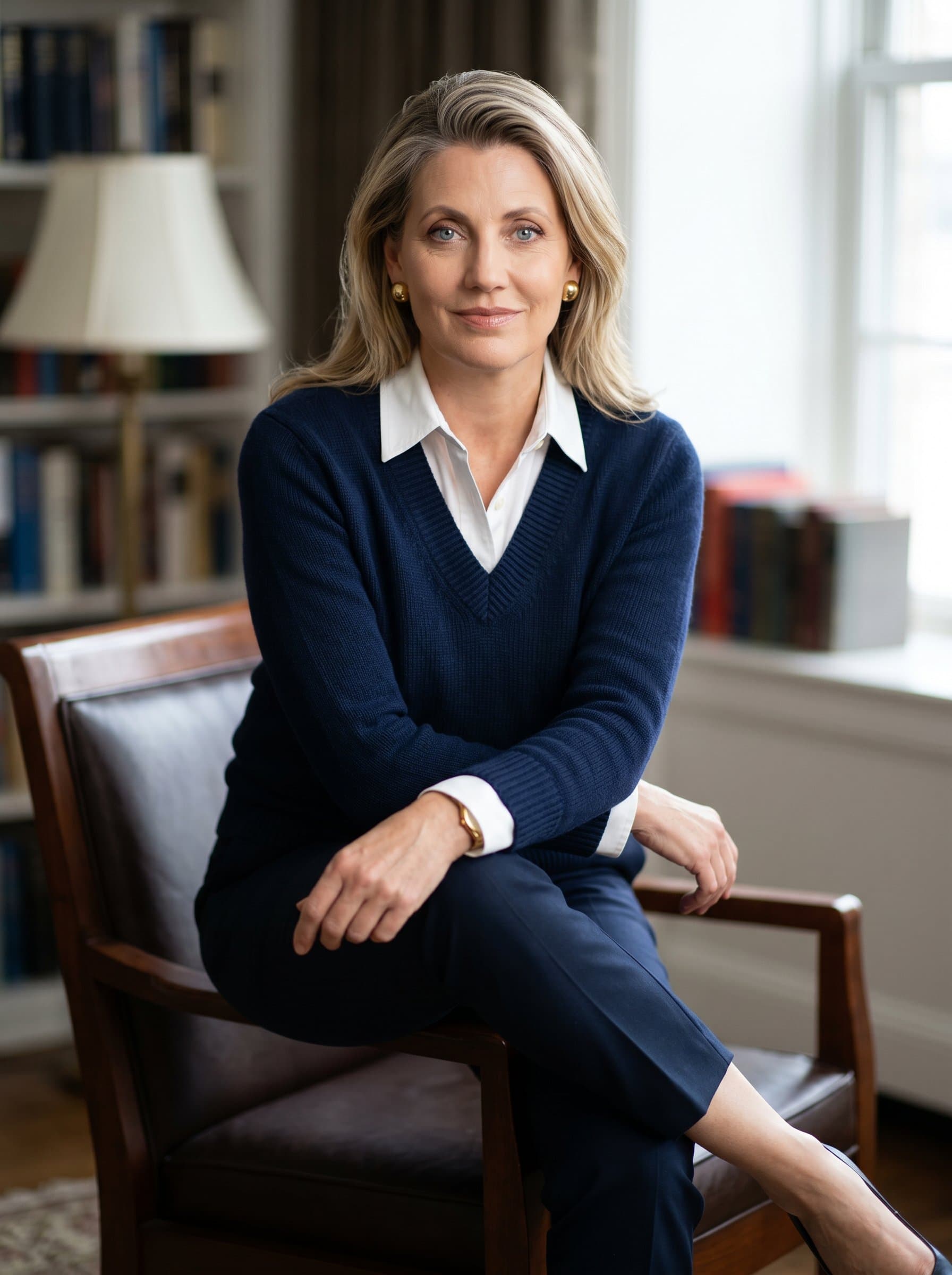 Casually perched on the arm of a chair, embodies a calming presence, dressed in a smart sweater and shirt combo. The soft background and confident expression highlight their approachable professionalism.