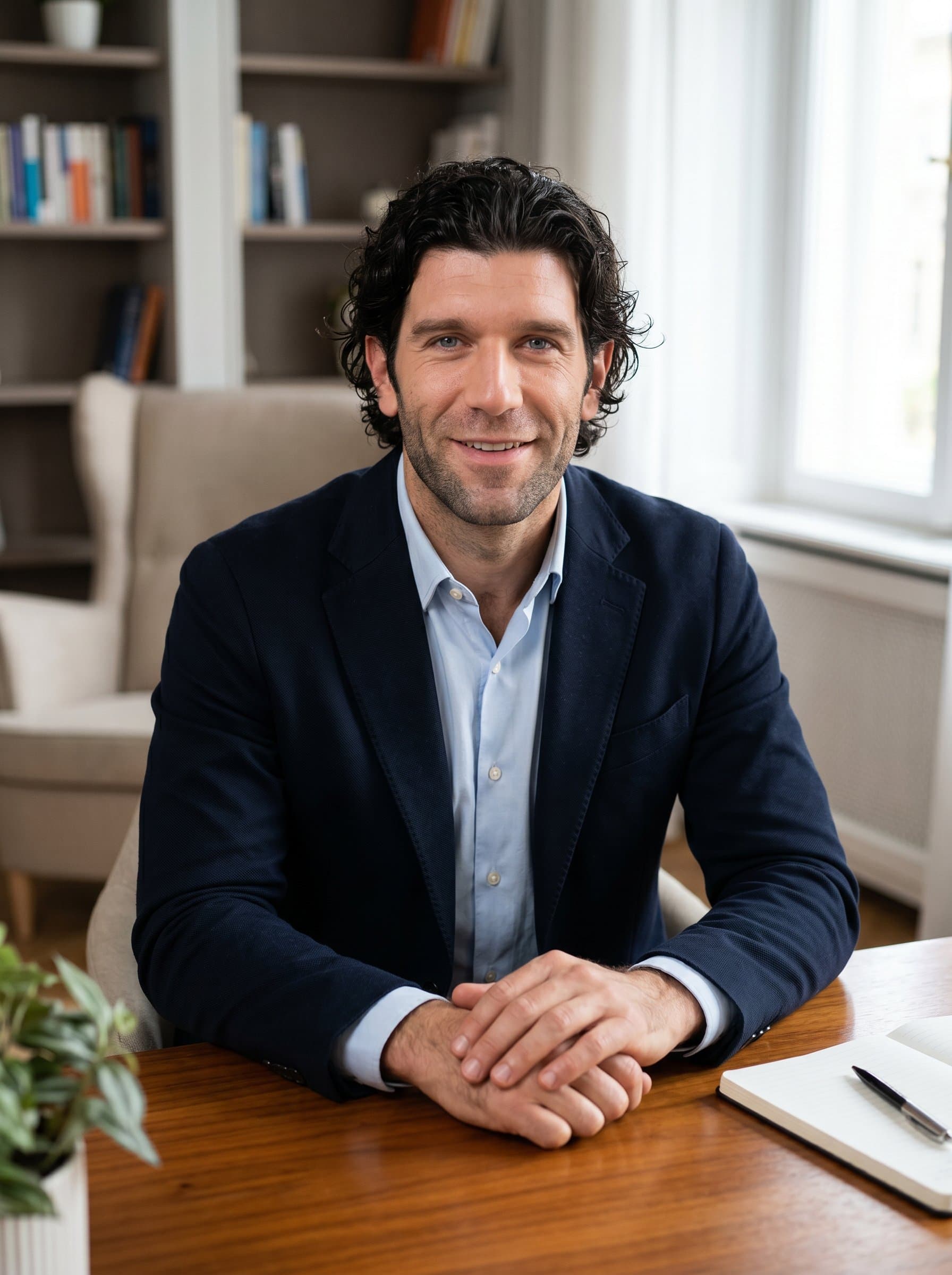 in an elegant office, with hands comfortably resting on a desk. The professional attire and engaged gaze convey a structured yet inviting presence, perfect for a psychiatrist aiming to build trust with patients.