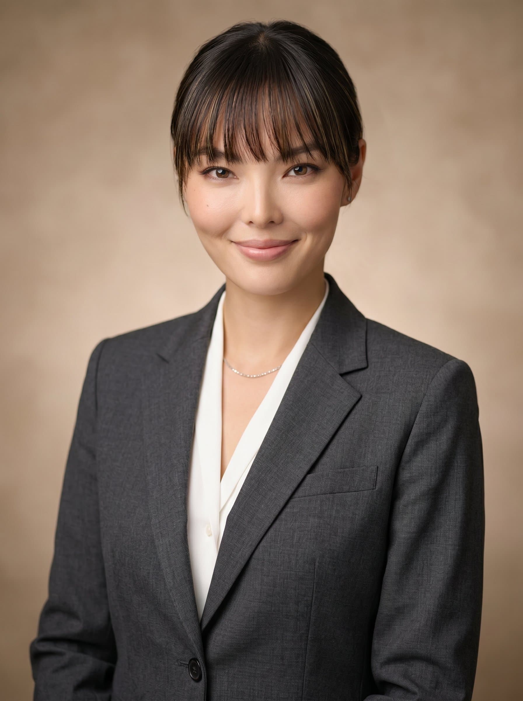 In a perfectly tailored suit, exudes professionalism. A subtle smile and friendly demeanor shine through in this headshot, set against a warm beige backdrop to highlight their approachable yet authoritative nature.