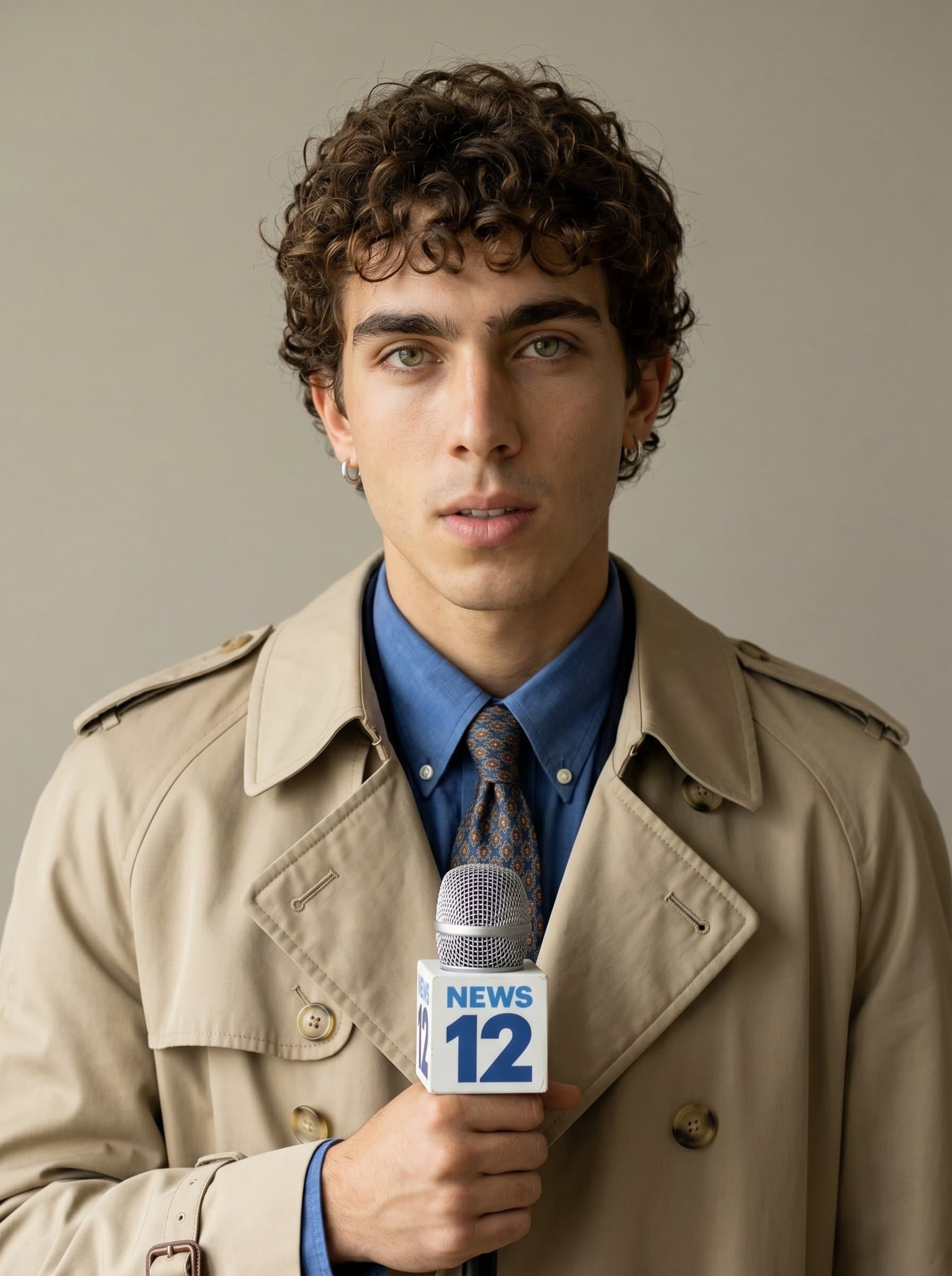 against a light taupe background, wearing a classic trench coat. This headshot showcases their readiness for any weather while reporting news from the city streets, embodying both style and practicality.