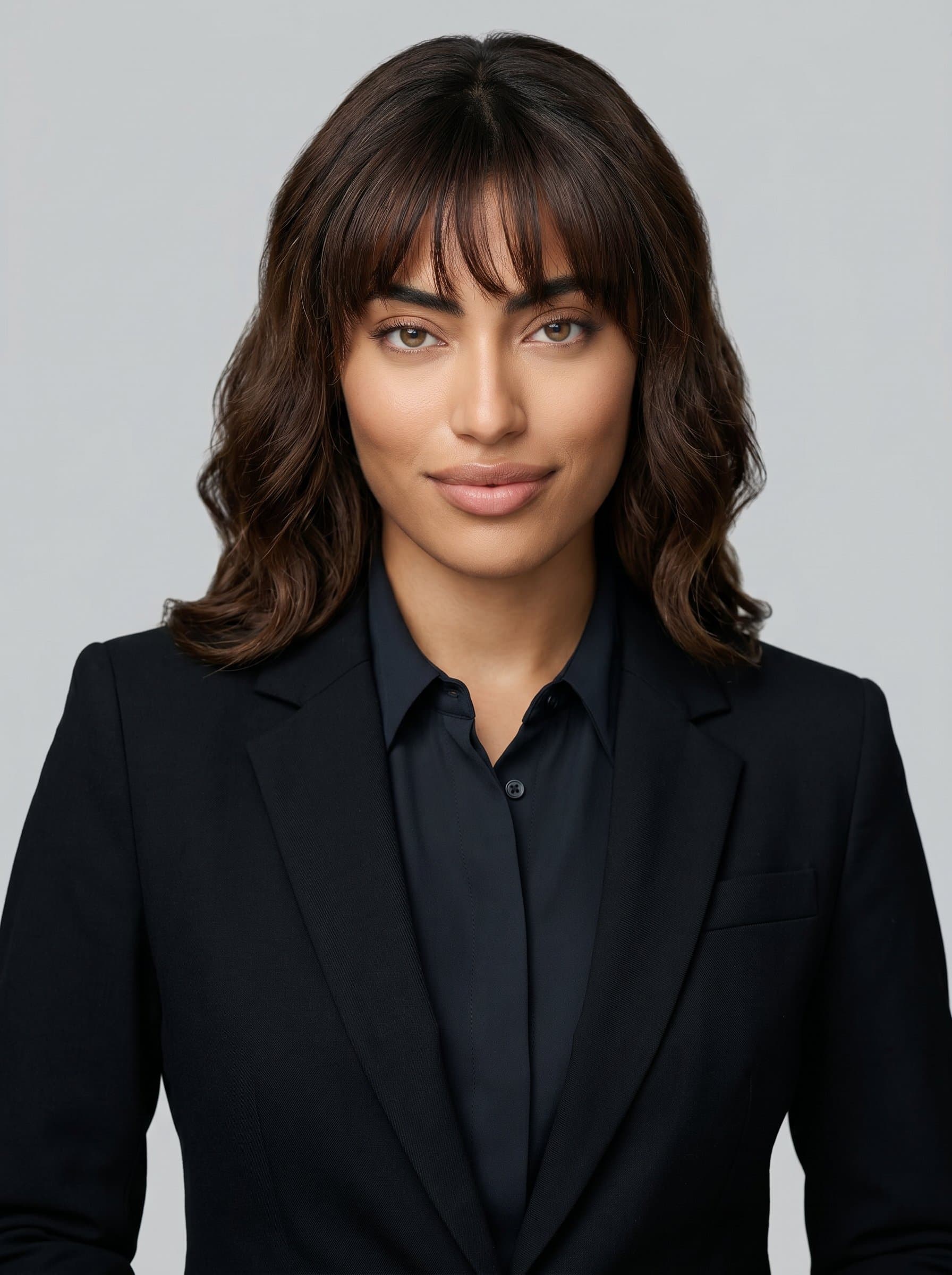with a slight smirk, suggesting confidence and intelligence. The headshot features a neat hairstyle and a modern outfit, with a simple grey backdrop allowing their vibrant personality to stand out.