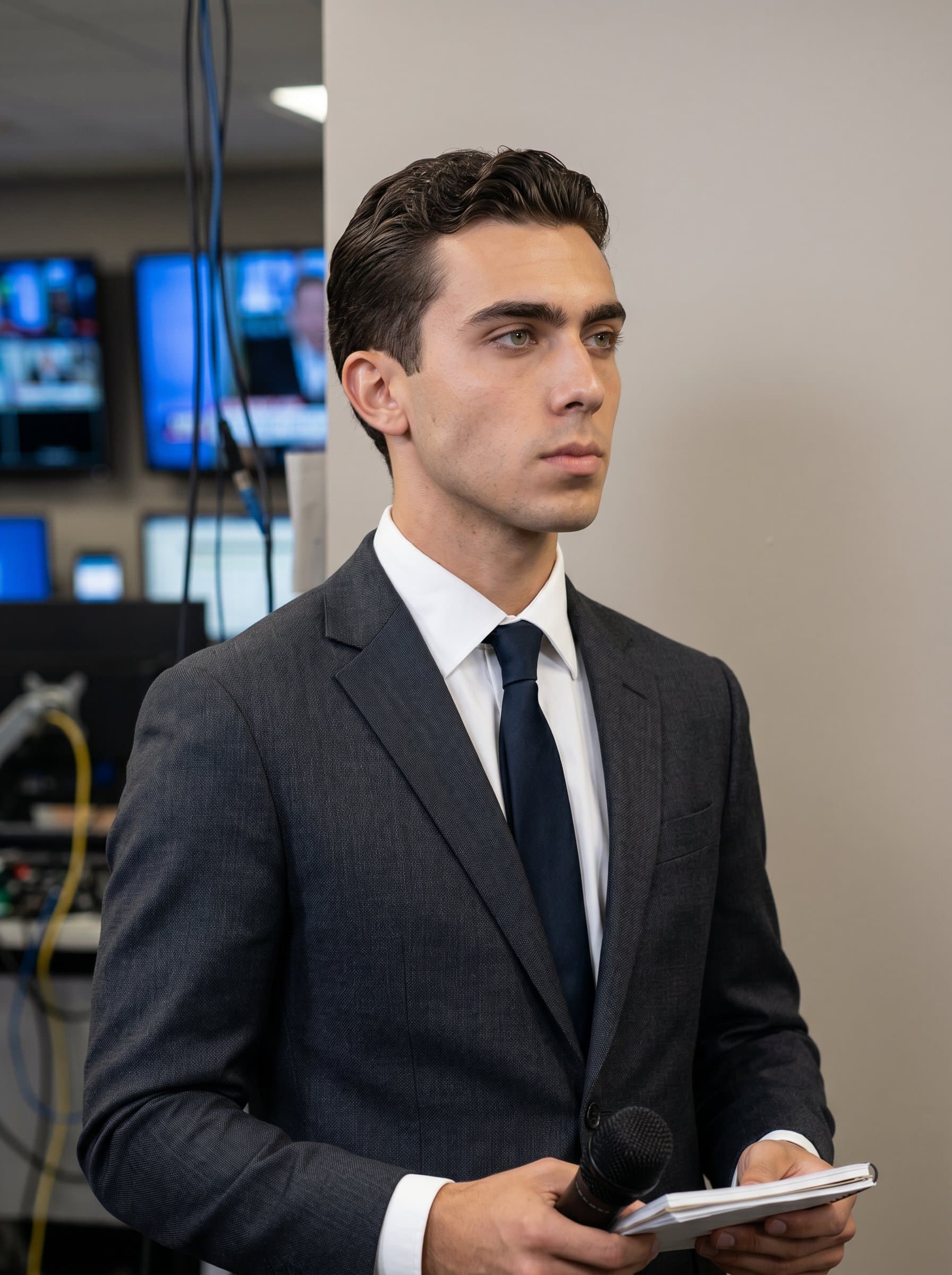 gazing thoughtfully into the distance, a sleek haircut complementing their sharp features. The neutral background enhances the reporter's sophisticated appearance, emphasizing their focus and dedication in a fast-paced media environment.