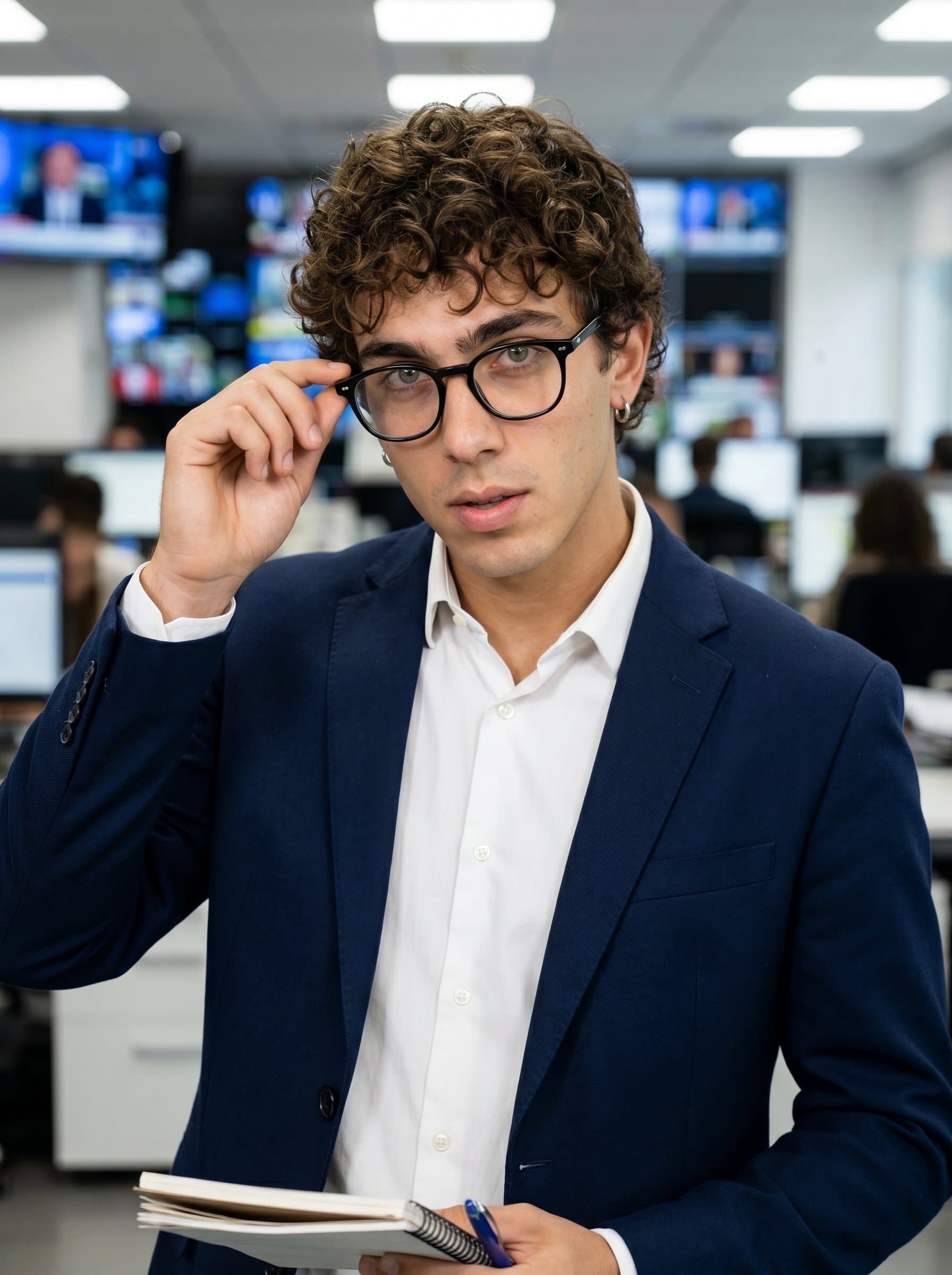 adjusting a pair of stylish glasses, capturing the essence of a modern journalist. The neutral background ensures the focus remains on their inquisitive expression and well-groomed appearance, ideal for a bustling newsroom.