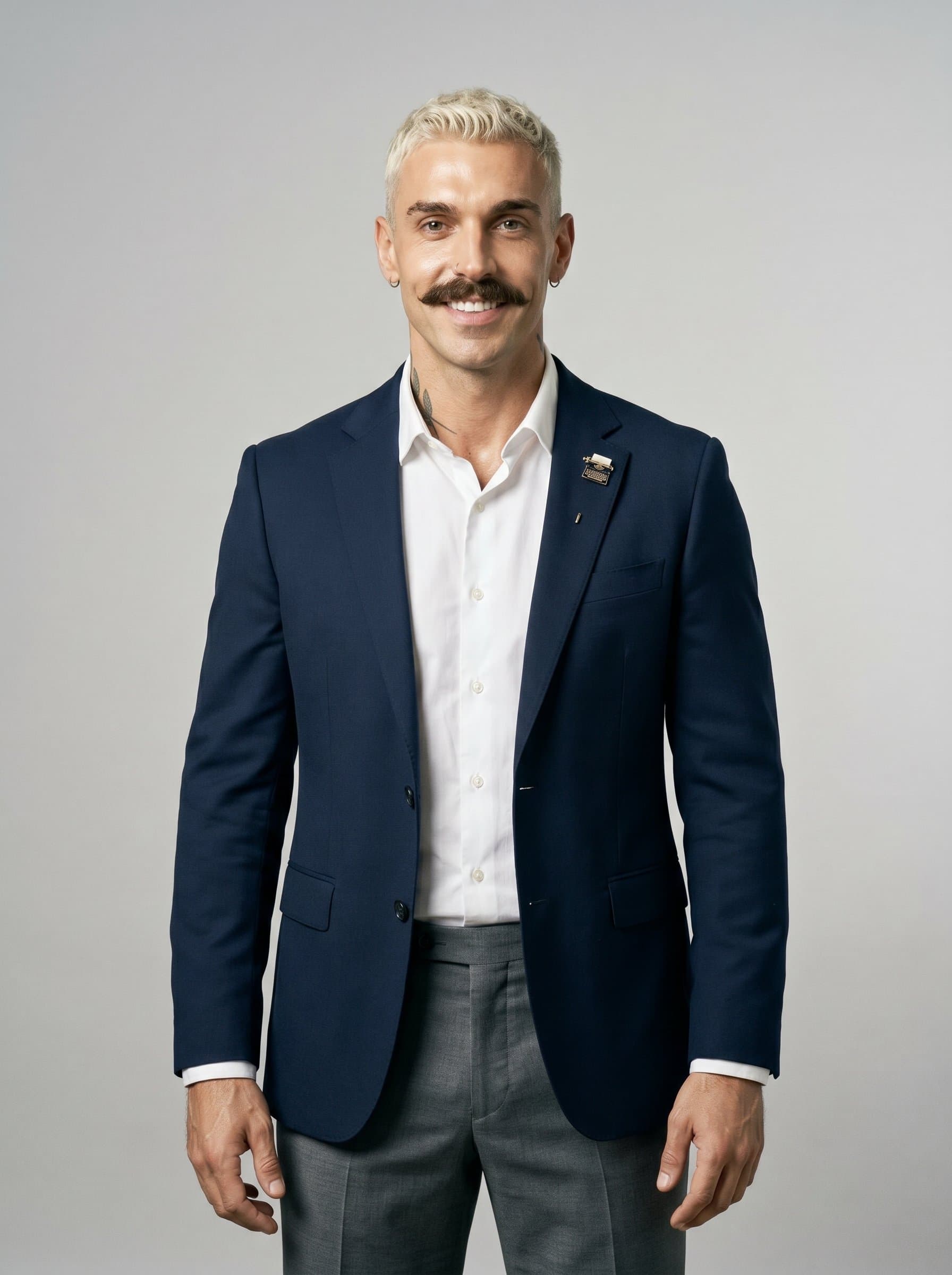 dressed in a smart blazer with a subtle lapel pin, stands against a neutral background. Their poised yet approachable demeanor is captured perfectly, embodying the essence of a dedicated urban storyteller.