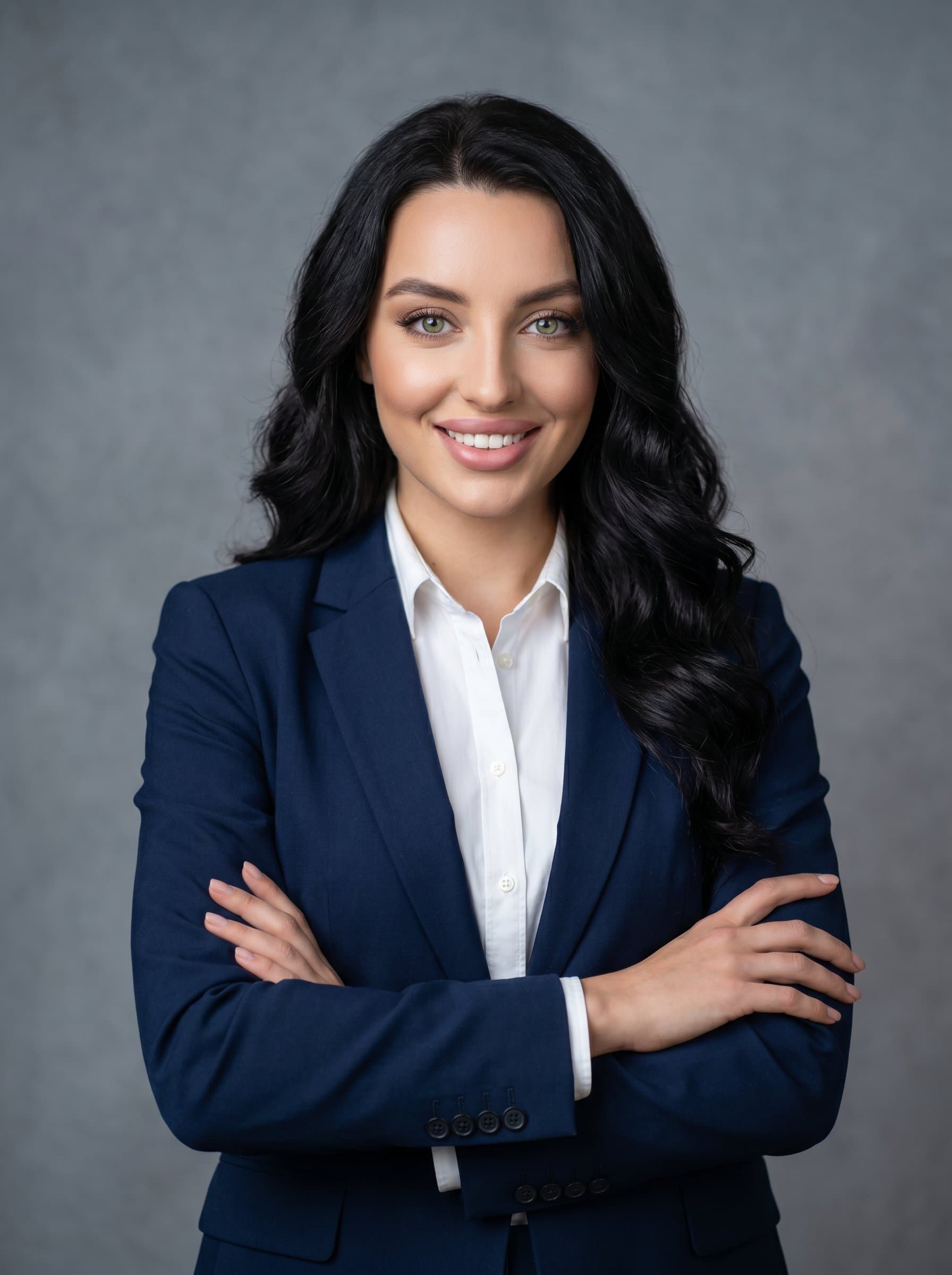 standing confidently with arms crossed in front of a soft grey backdrop. Wearing a crisp blazer over a simple shirt, the headshot captures the essence of a modern city reporter ready for any story.