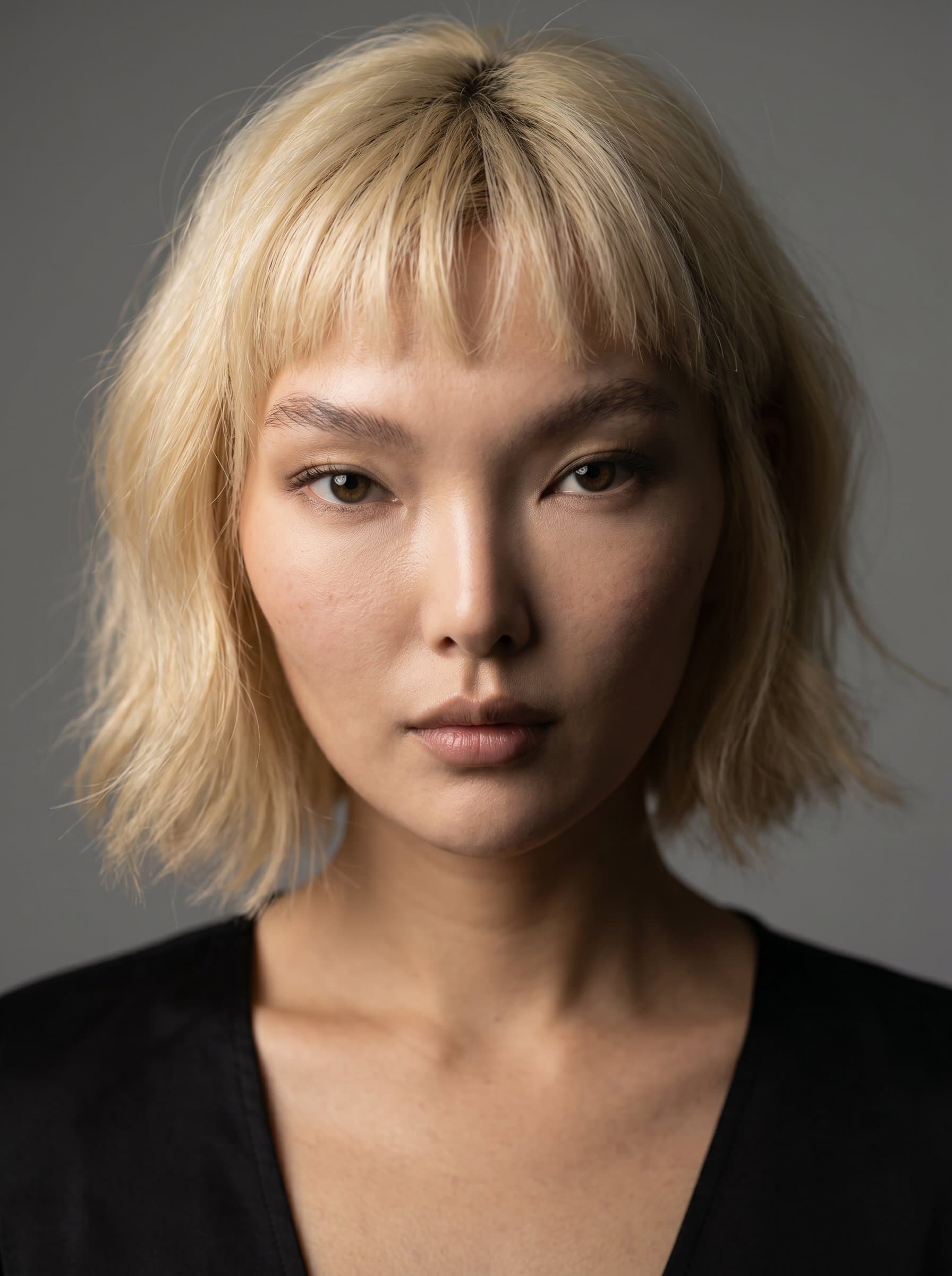 's expressive eyes are the focal point of this headshot, with a soft shadow adding depth. Set against a plain backdrop, it conveys the intensity and focus required of a city journalist.