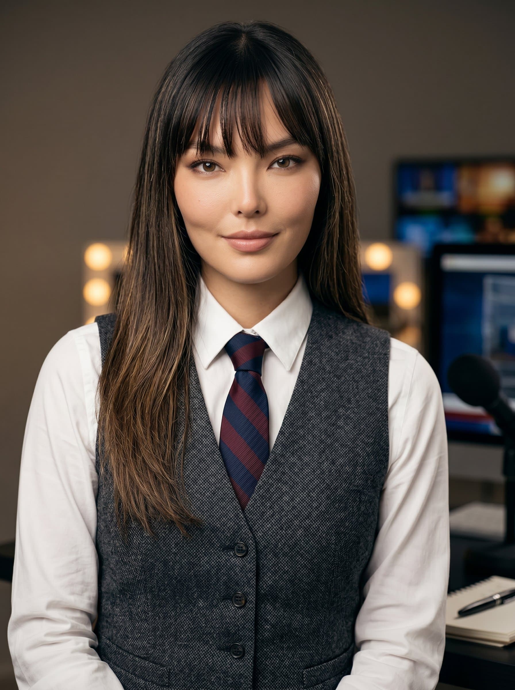 ’s headshot features them with a classic tie and vest, set against a subdued backdrop. The image highlights their commitment to traditional reporting values while embracing modern storytelling techniques.