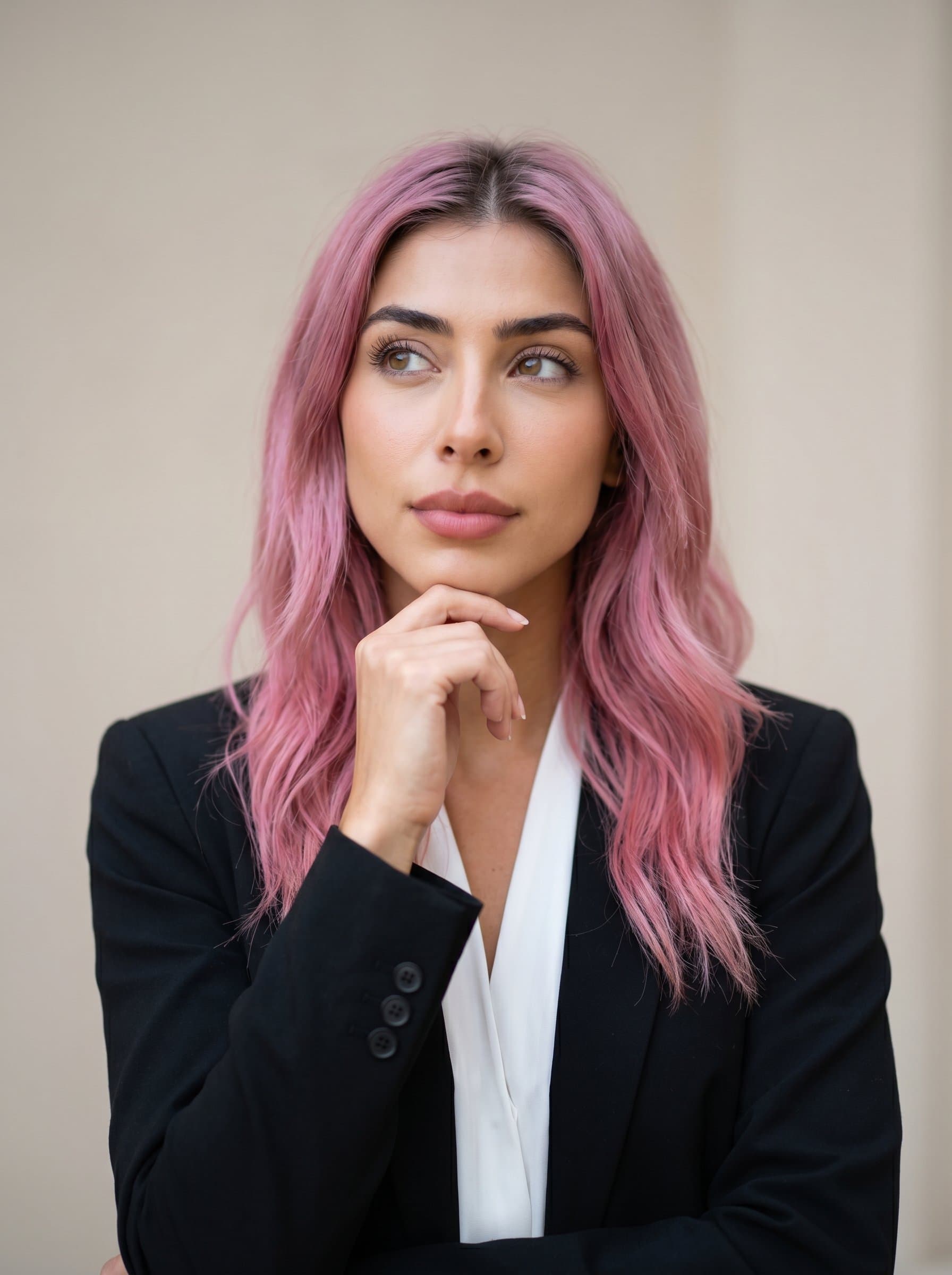 With a neutral tone background, is captured mid-thought, hand resting on chin. This headshot radiates intellectual curiosity and poise, perfect for a reporter constantly in pursuit of the next big story.