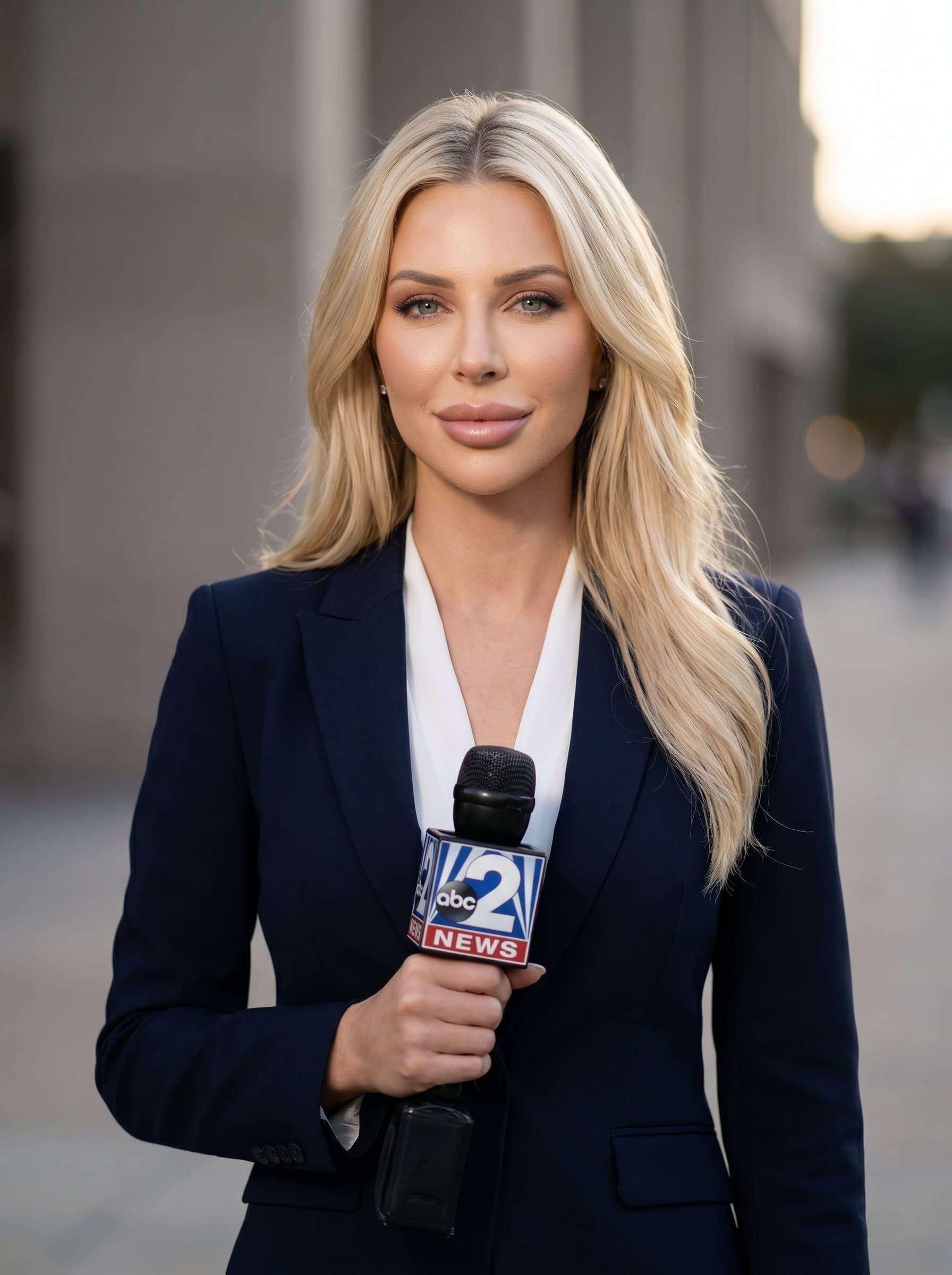 ’s serene expression, framed by natural light. The neutral background accentuates their calm and collected persona, essential for maintaining composure amidst the chaos of urban news reporting.