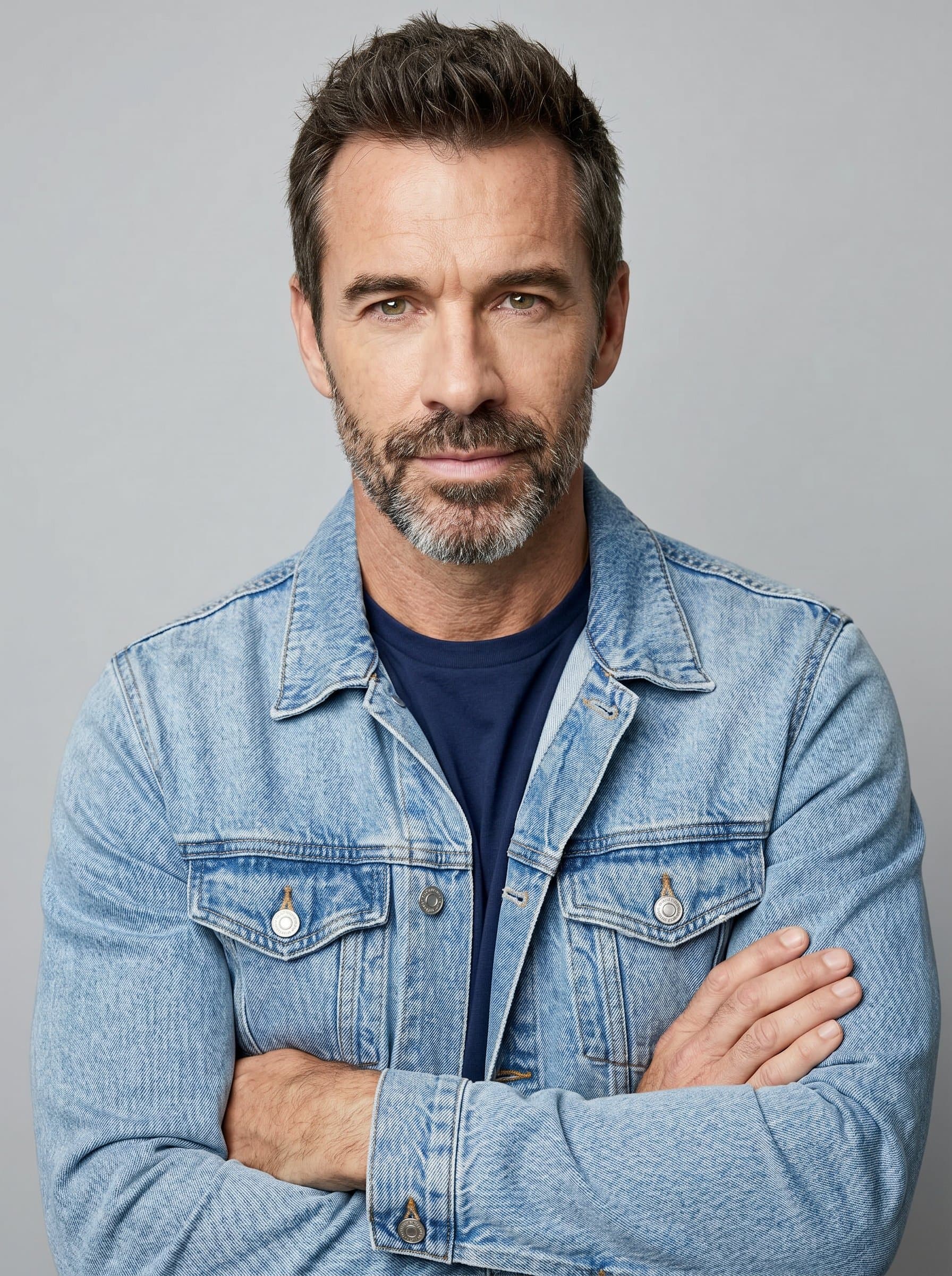Wearing a light denim jacket over a simple tee, brings casual sophistication to the forefront. The neutral background underscores their relatable yet professional demeanor, crucial for connecting with diverse audiences.