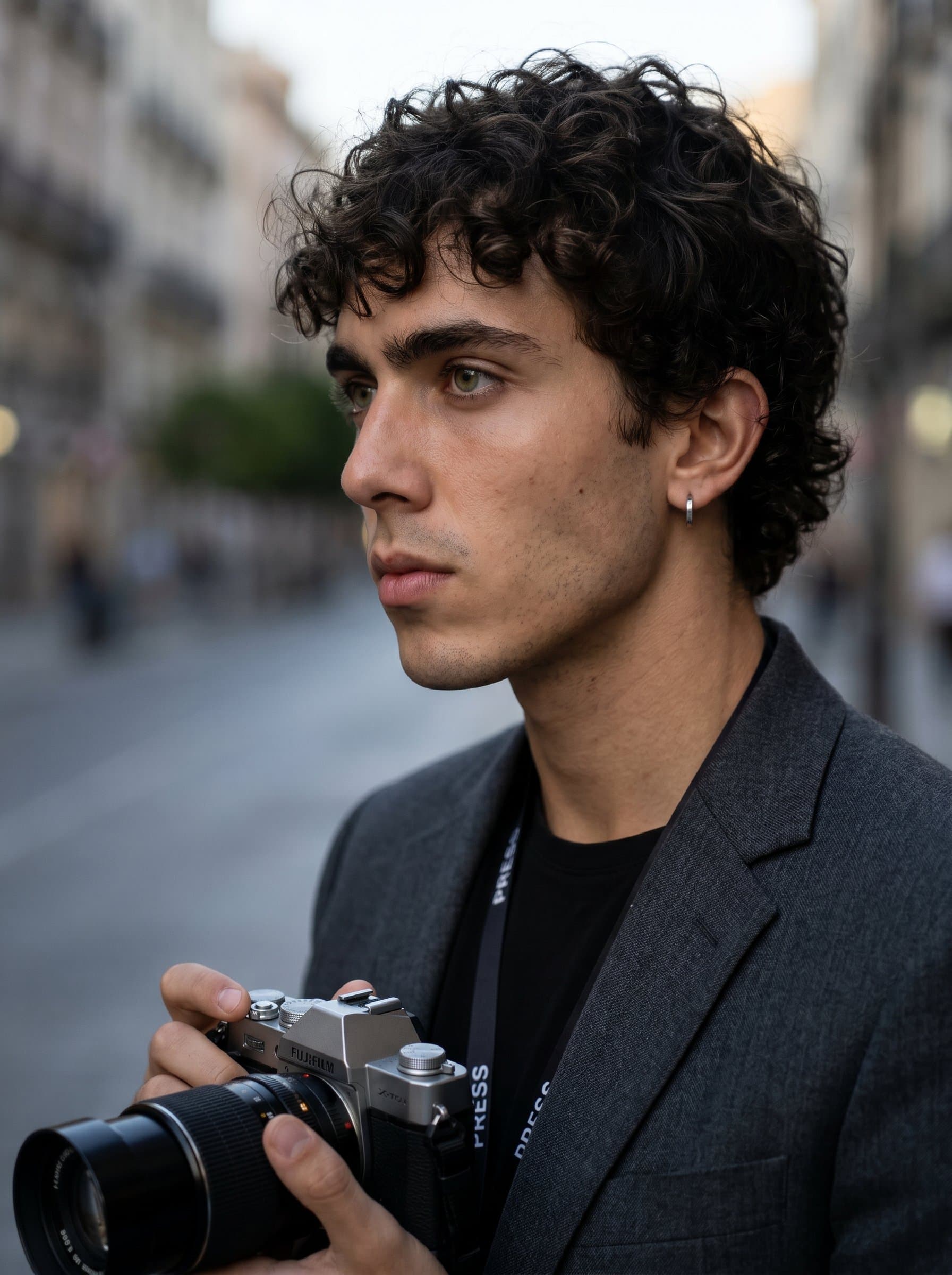 with a subtle side profile, showcasing their sharp jawline against an understated background. This headshot captures the essence of a keen observer, always ready to report the next city event.