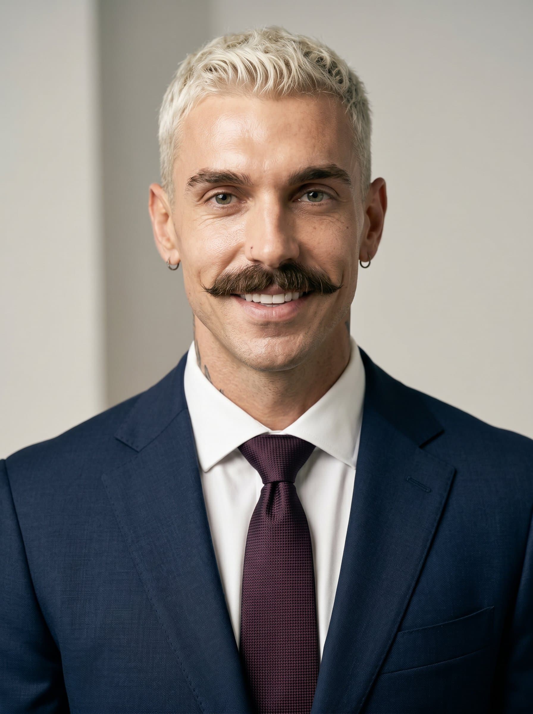 Professional headshot of dressed in a crisp suit. Clear, neutral background with soft lighting to emphasize trustworthiness and confidence, perfect for a news anchor.