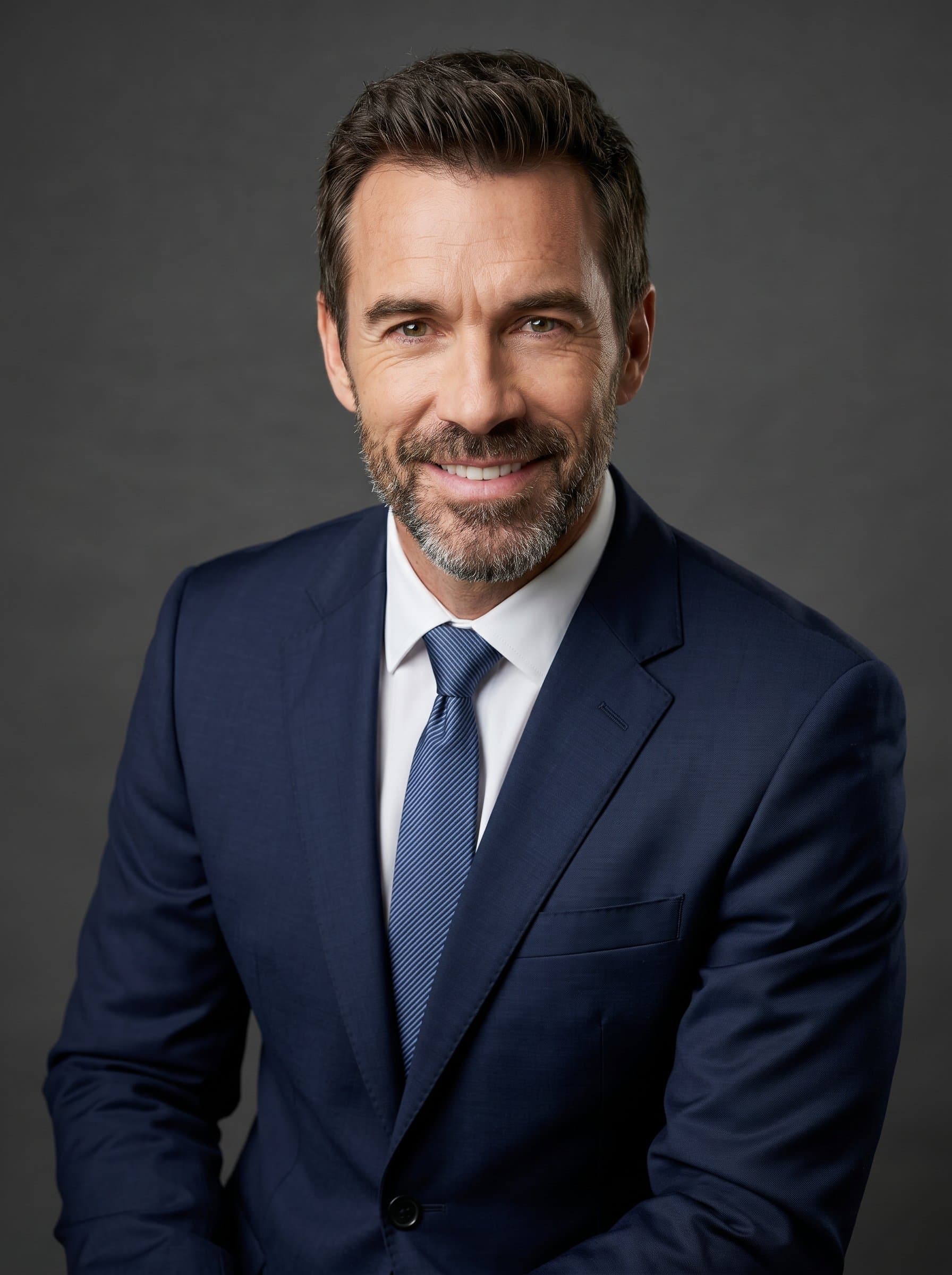 Capture in a tailored suit, exuding confidence and approachability. Neutral backdrop with precise lighting that accentuates their facial features, suitable for a professional news anchor headshot.