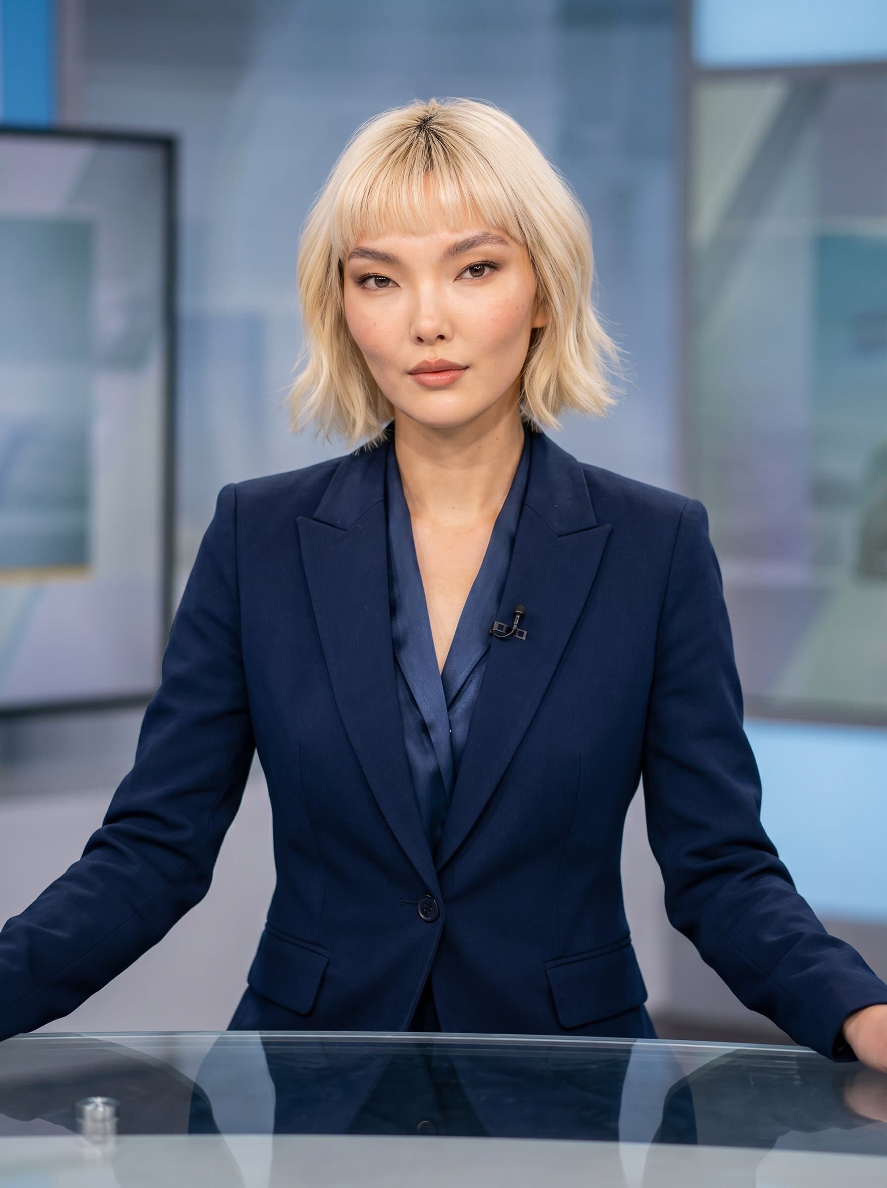 A news anchor in professional attire, posed confidently with a neutral background. Light highlights facial features, creating a polished and approachable appearance ideal for TV broadcasts.