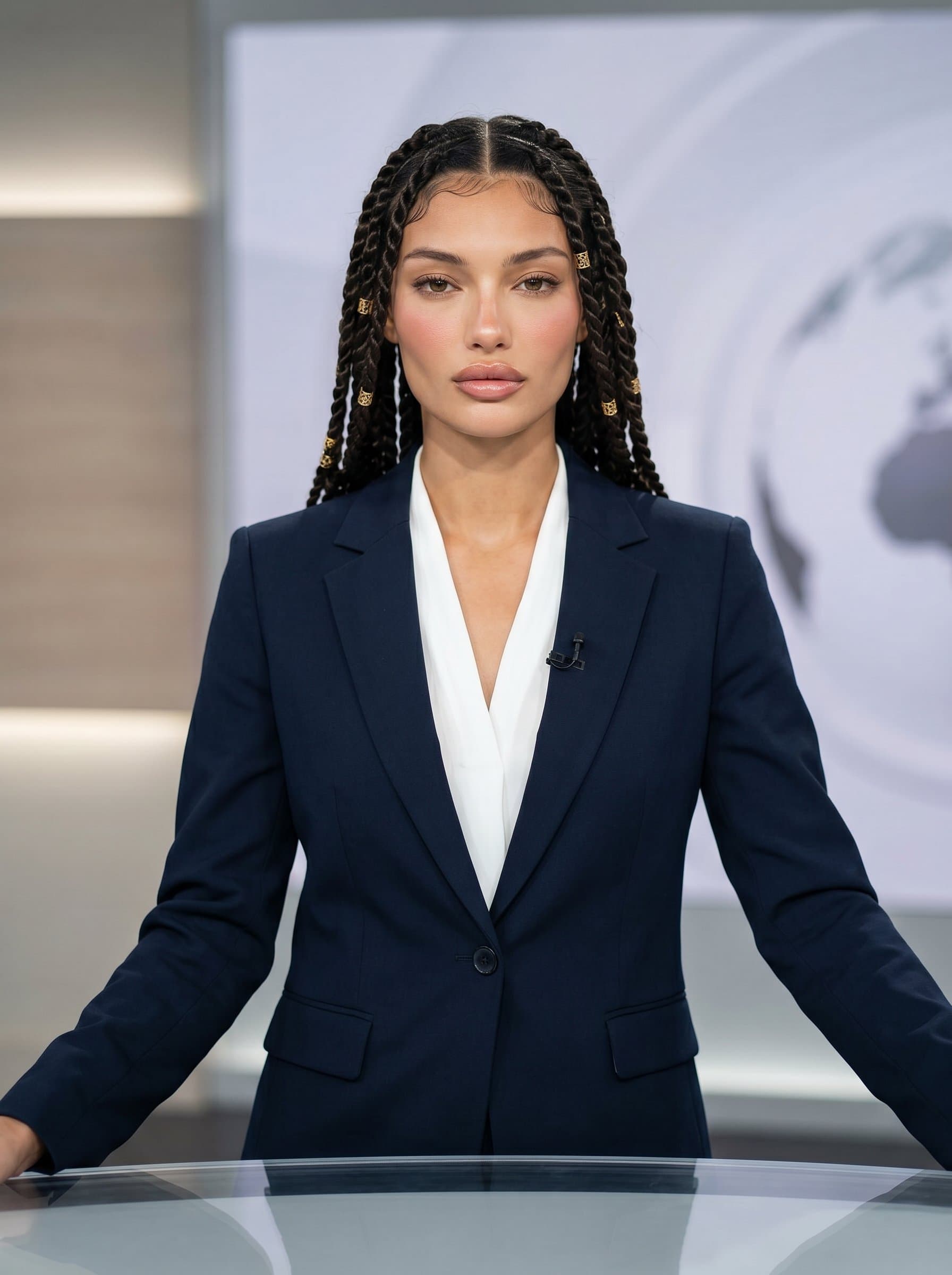 News anchor in sleek attire, posed against a neutral background. Subtle light enhances the facial features, ensuring a polished, trustworthy look ideal for TV presentation.