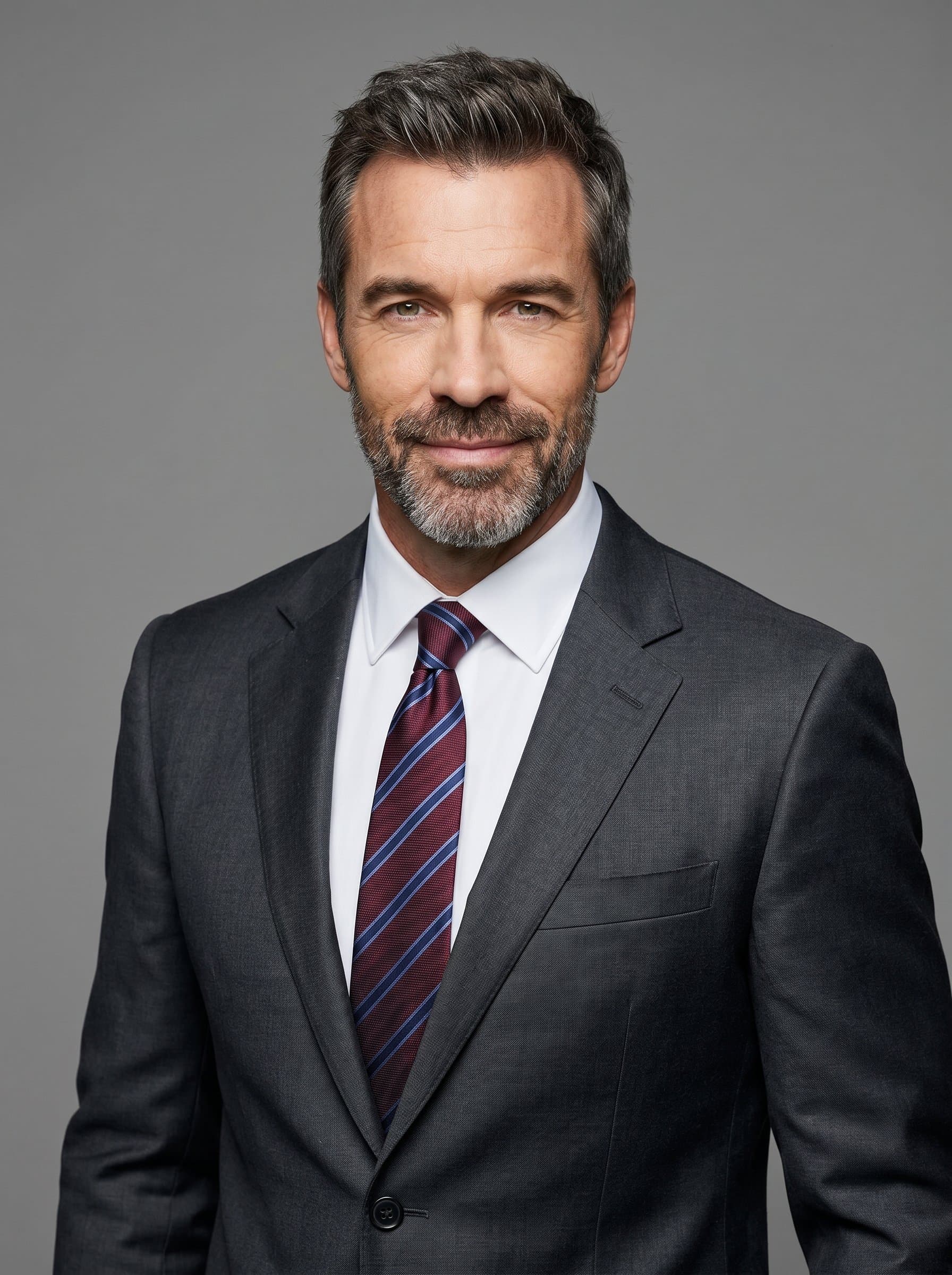 dressed smartly, stands with an assured expression. Neutral background and precise lighting highlight their facial features, crafting a welcoming headshot for a news anchor.
