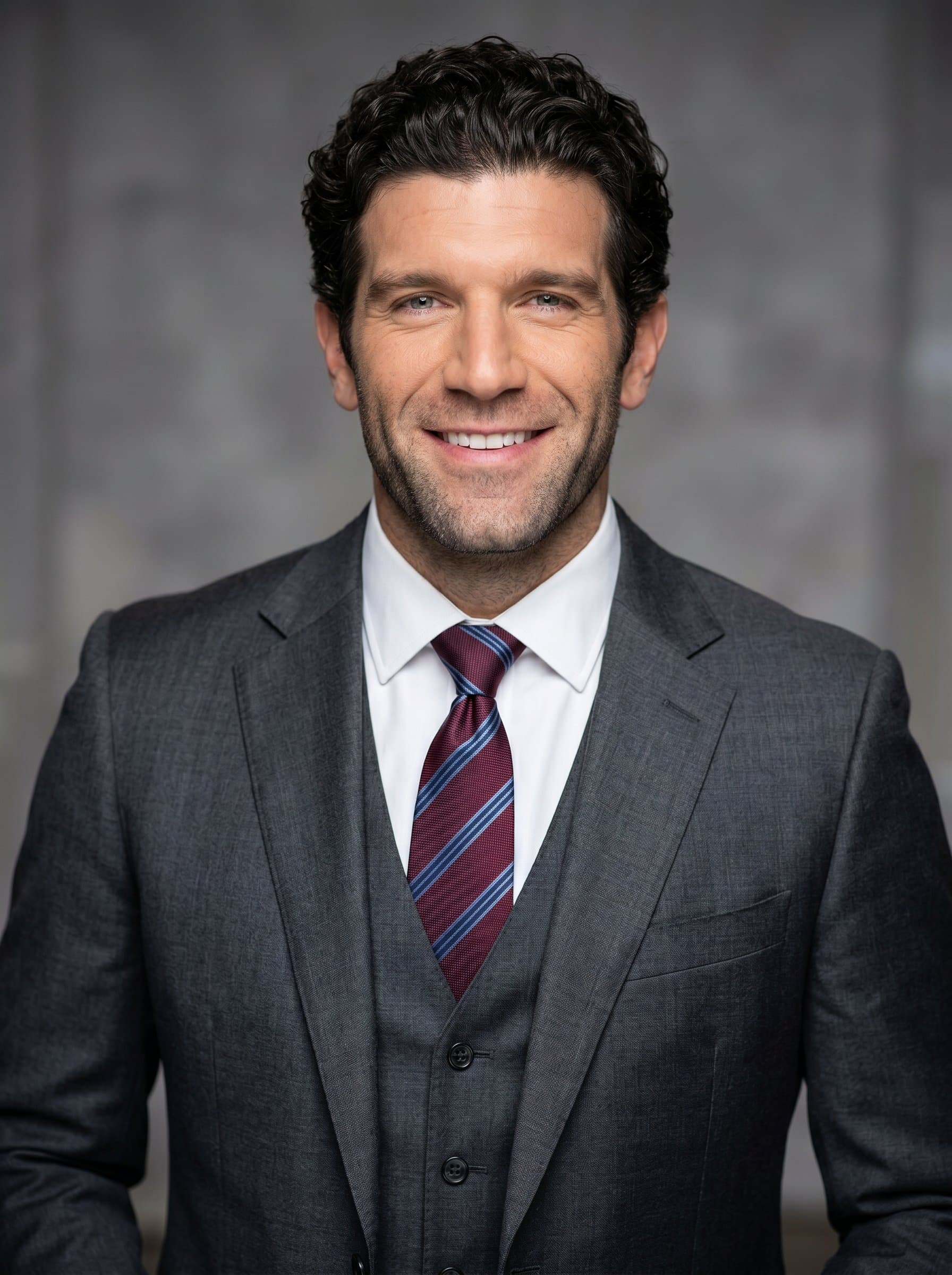 Capture in business attire with a confident look. Neutral background and strategic lighting create an approachable, trustworthy headshot for a news anchor.