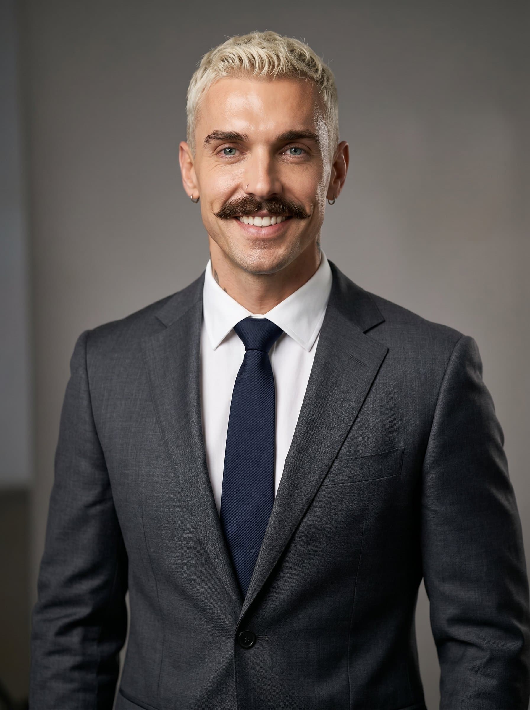 Capture dressed in professional attire, exuding trust. Against a neutral background, subtle light highlights their face for an ideal news anchor headshot.