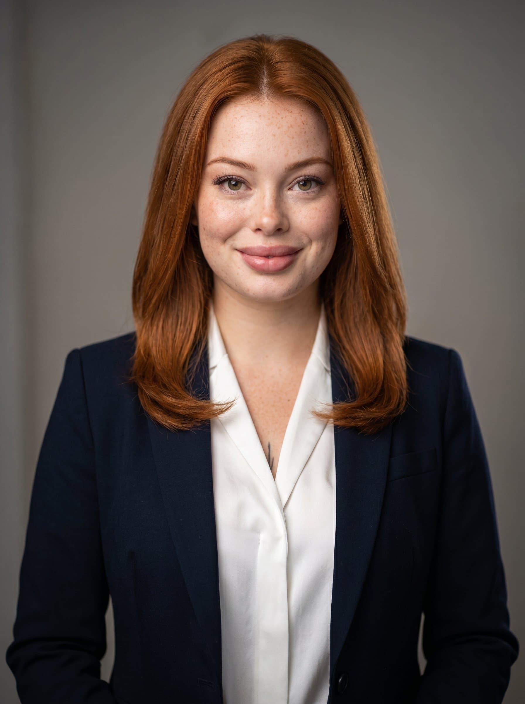 stands confidently in front of a neutral background wearing professional attire. Subtle lighting highlights facial features, creating an approachable and photorealistic headshot for a TV news anchor.