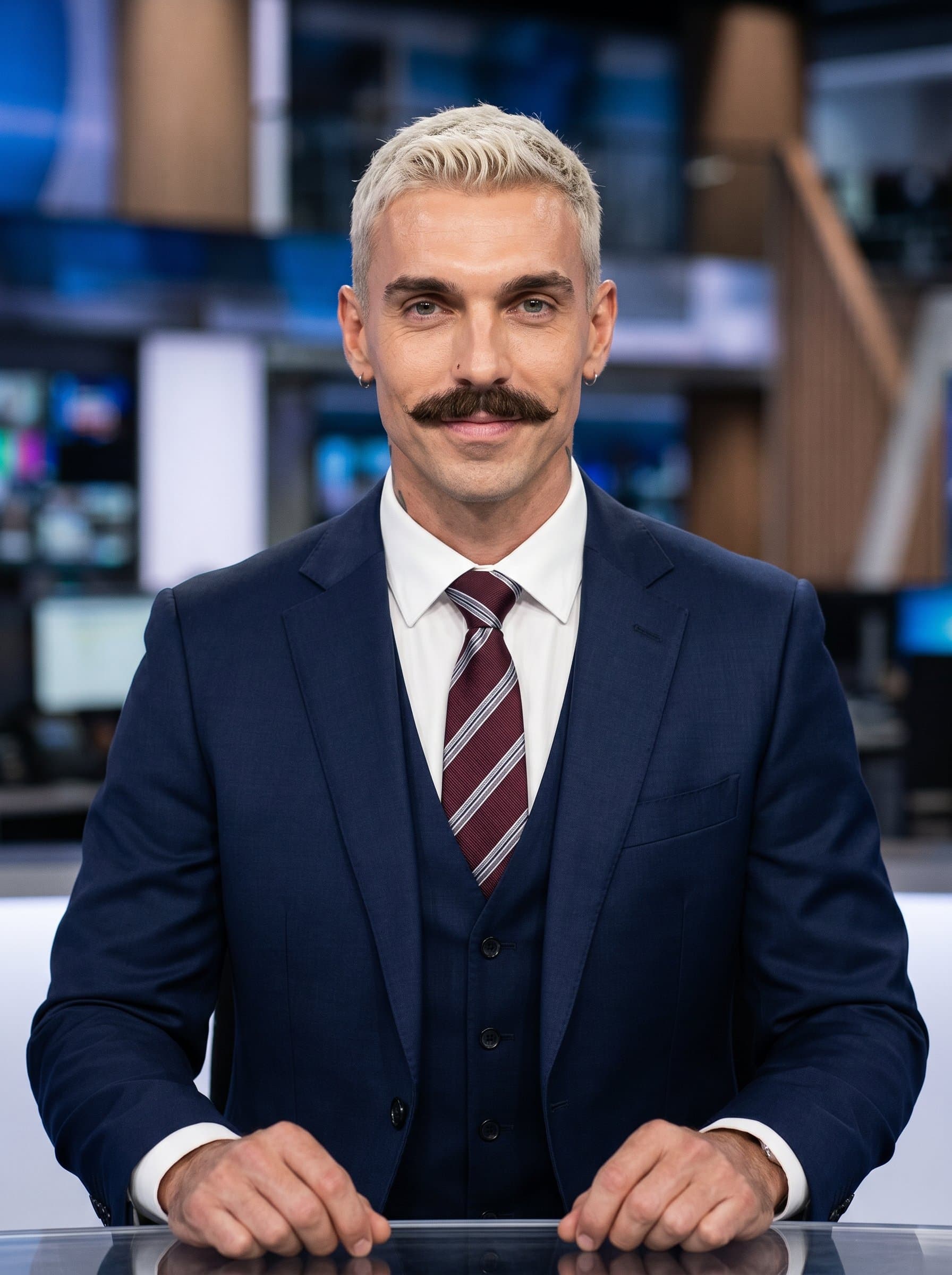 Professional portrait of in a suit. Neutral setting with focused lighting creates a reliable, engaging headshot ideal for a news anchor.