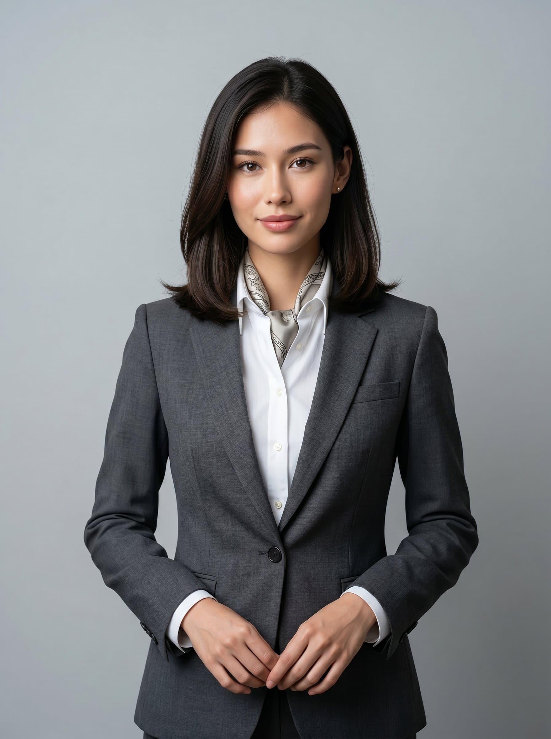 posed in professional attire, exuding confidence. Neutral backdrop with subtle lighting highlights facial features, creating a trustworthy image for a news anchor.
