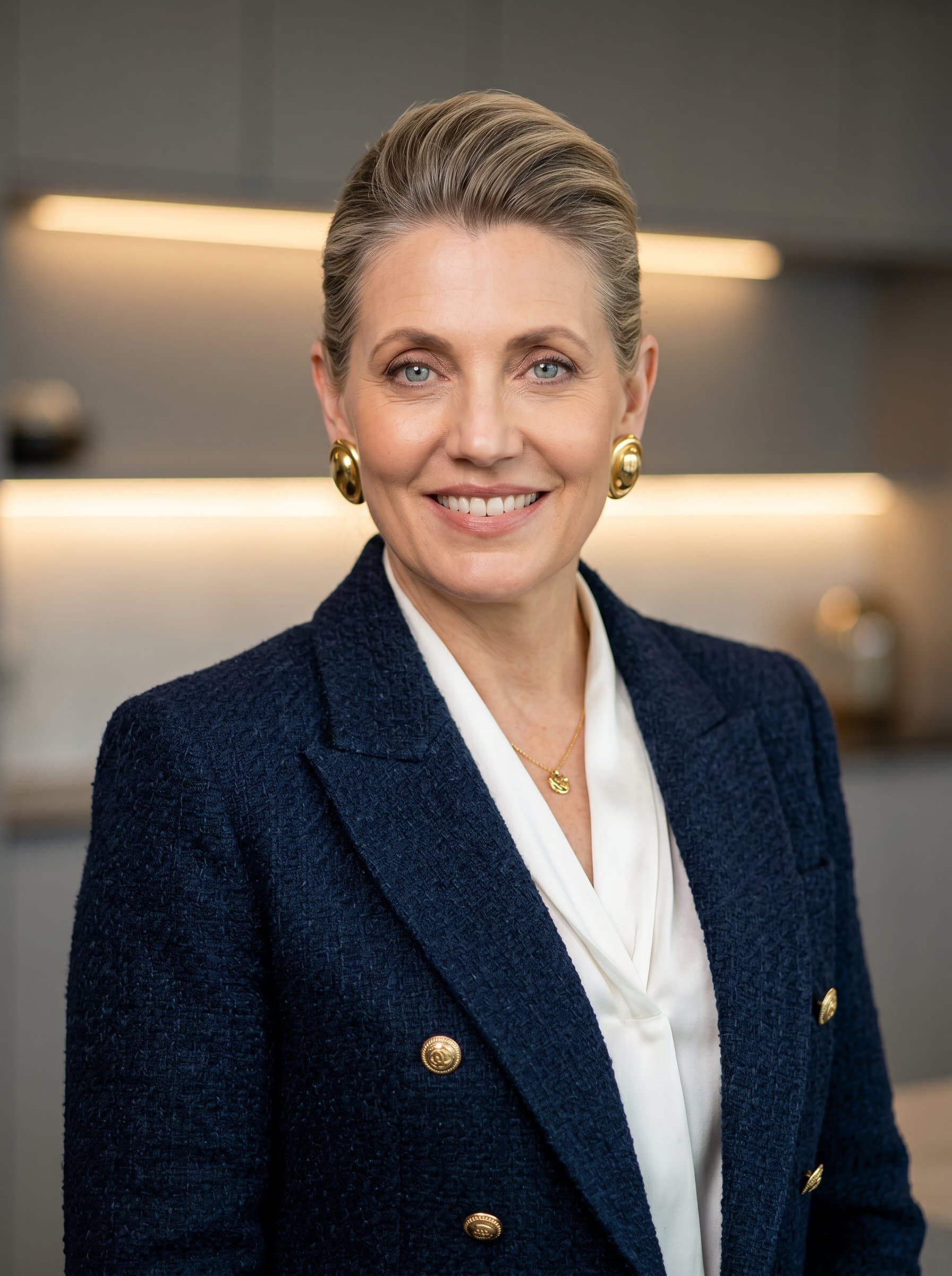 Professional image of in elegant attire. Neutral backdrop with subtle lighting draws attention to facial features, ensuring a confident, approachable news anchor headshot.