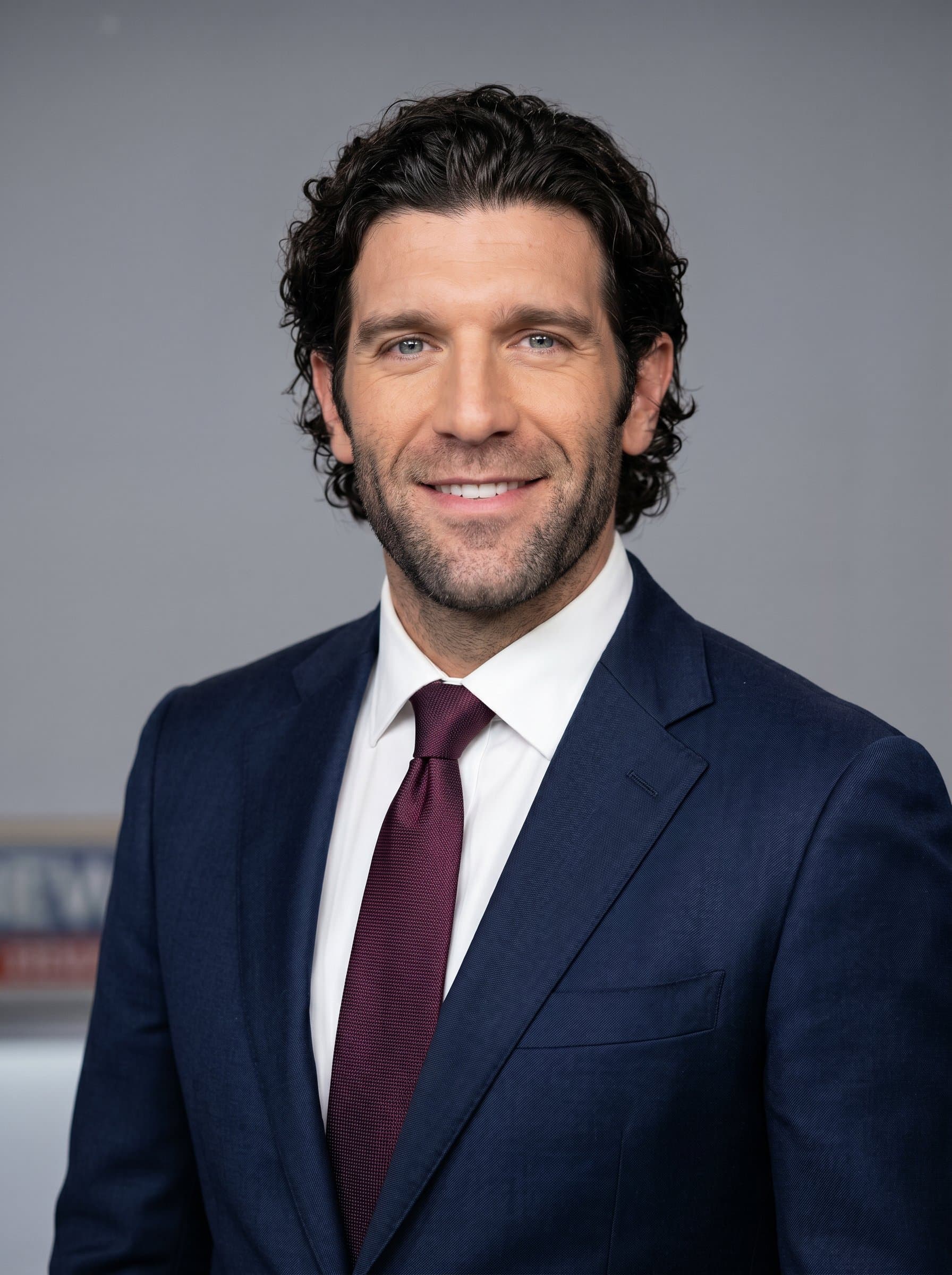 Headshot of posed in a neat suit. A clear, neutral background with strategic lighting ensures a polished, trustworthy appearance for television broadcasting.