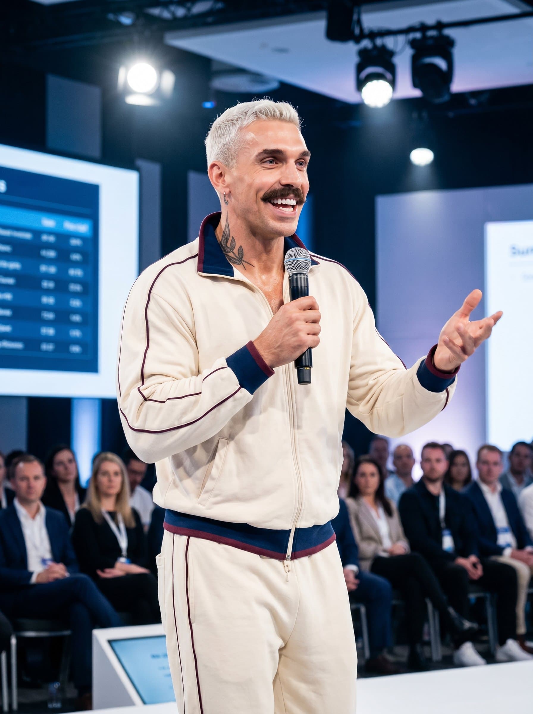 Generate a showing a dynamic speaker in a modern conference room, gesturing passionately with a wireless microphone in hand, exuding charisma and connection with an unseen audience.