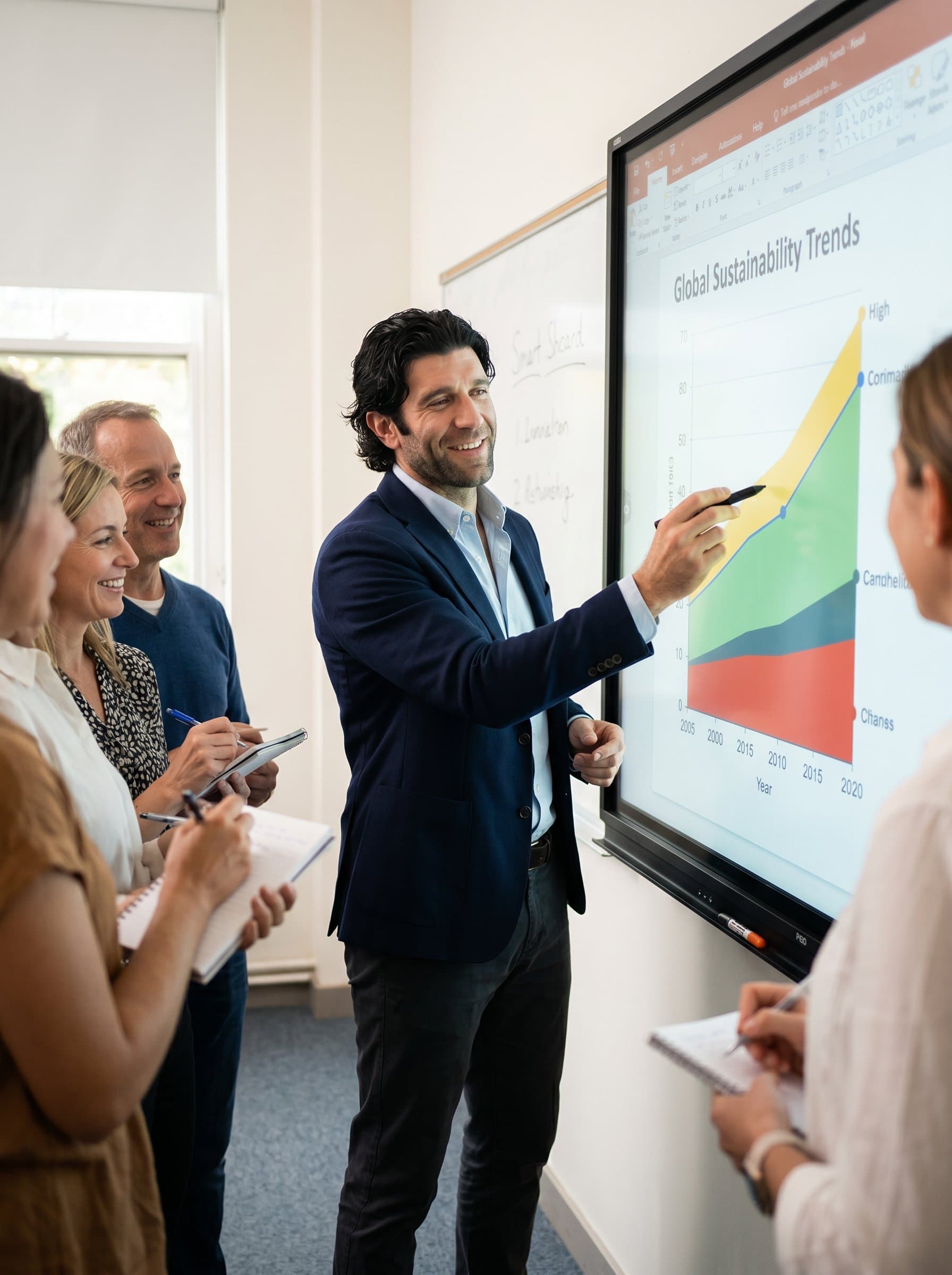 Create a showing an educational speaker in a classroom setting, using a smartboard for visual aids, embodying approachability and expertise in their field.