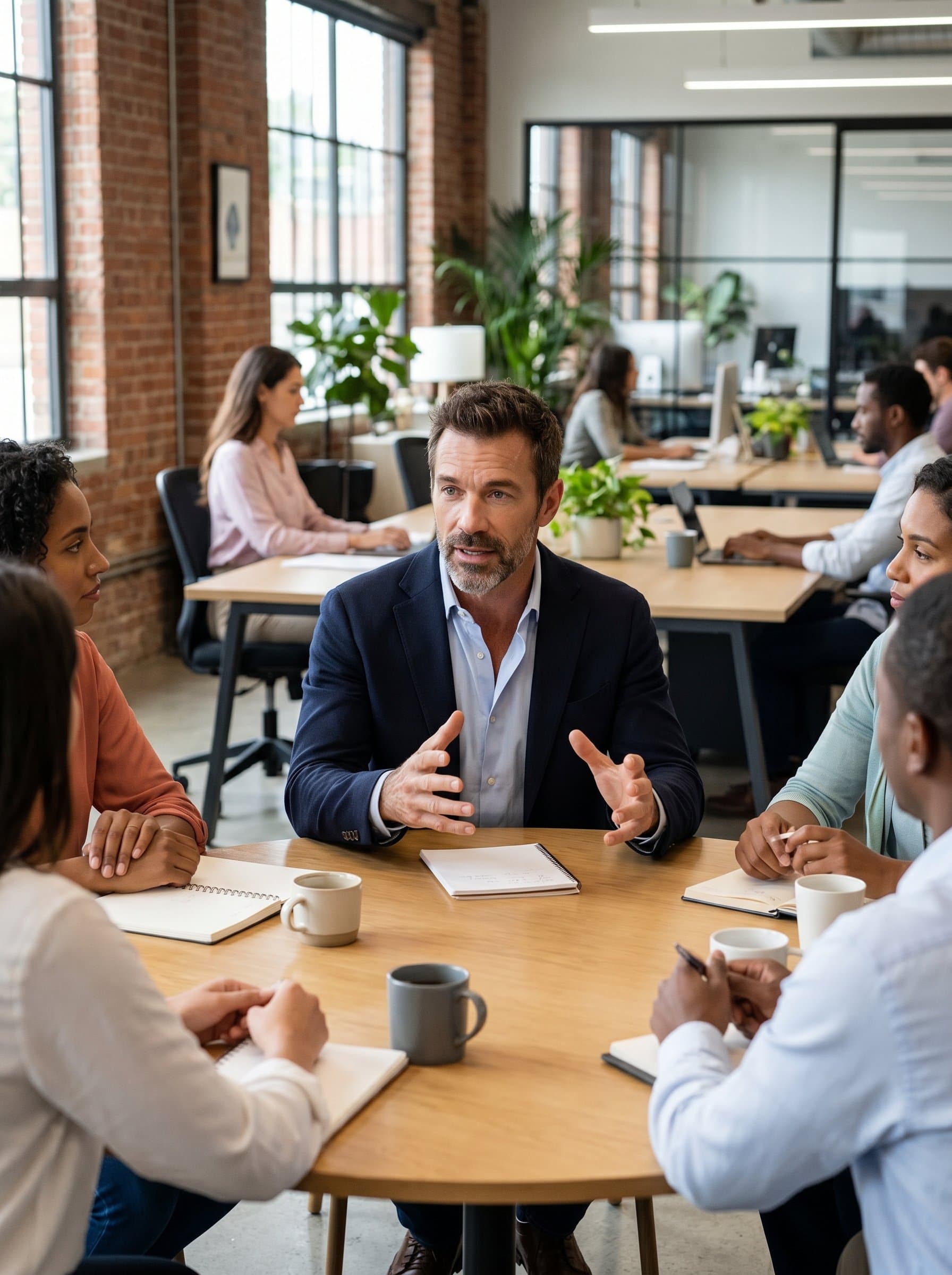 Capture a of a confident speaker in a co-working space, seated at a roundtable, leaning forward engagingly, hands accentuating key points, suggesting a collaborative ambiance.
