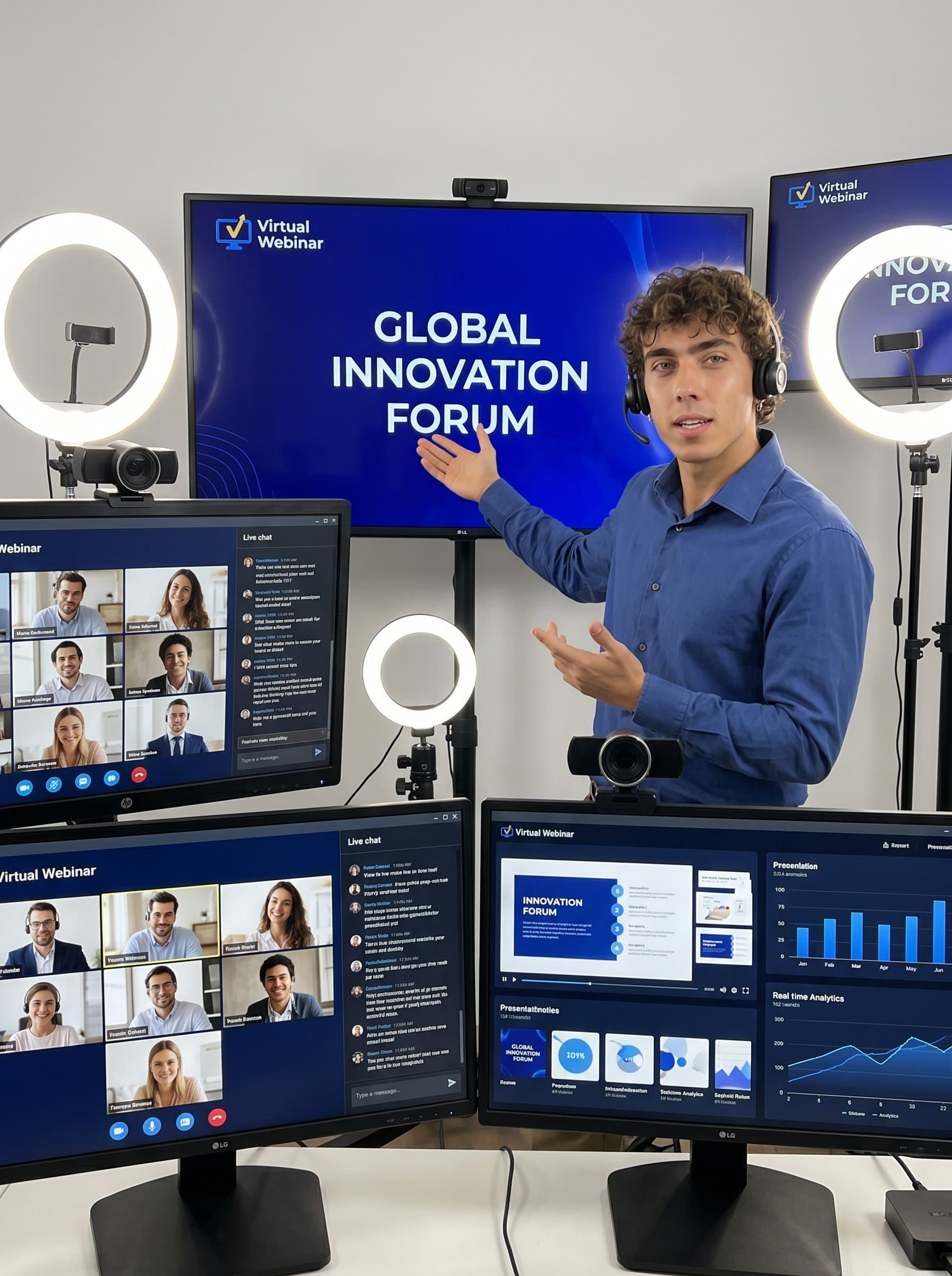 Design a of a speaker in a virtual webinar setup, with multiple screens visible, showcasing a seamless blend of technology and communication skills.