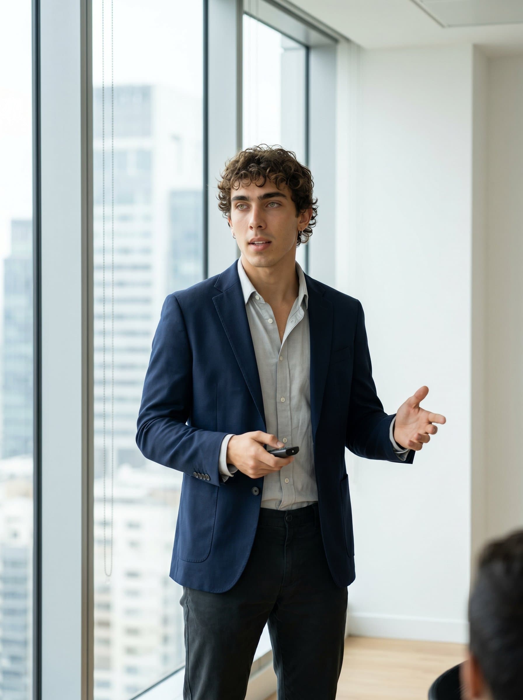 Produce a of a speaker in a minimalist office with floor-to-ceiling windows, wearing business casual attire, projecting forward-thinking ideas with a calm demeanor.