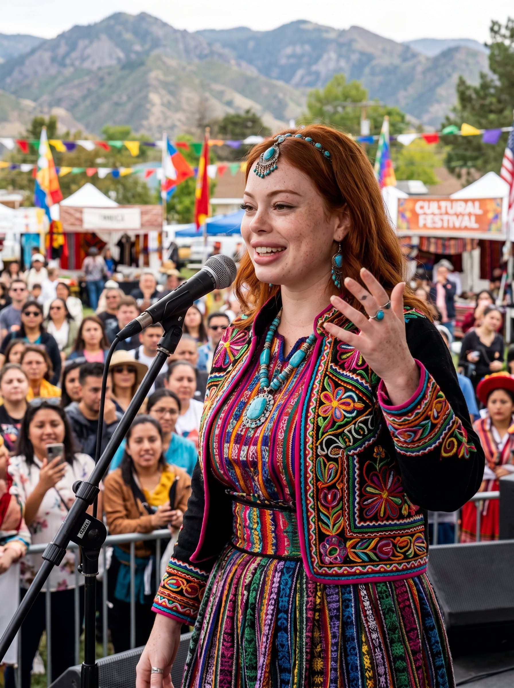 Generate a featuring an inspiring speaker at a cultural festival, wearing vibrant, culturally significant attire, using hand gestures to emphasize storytelling.