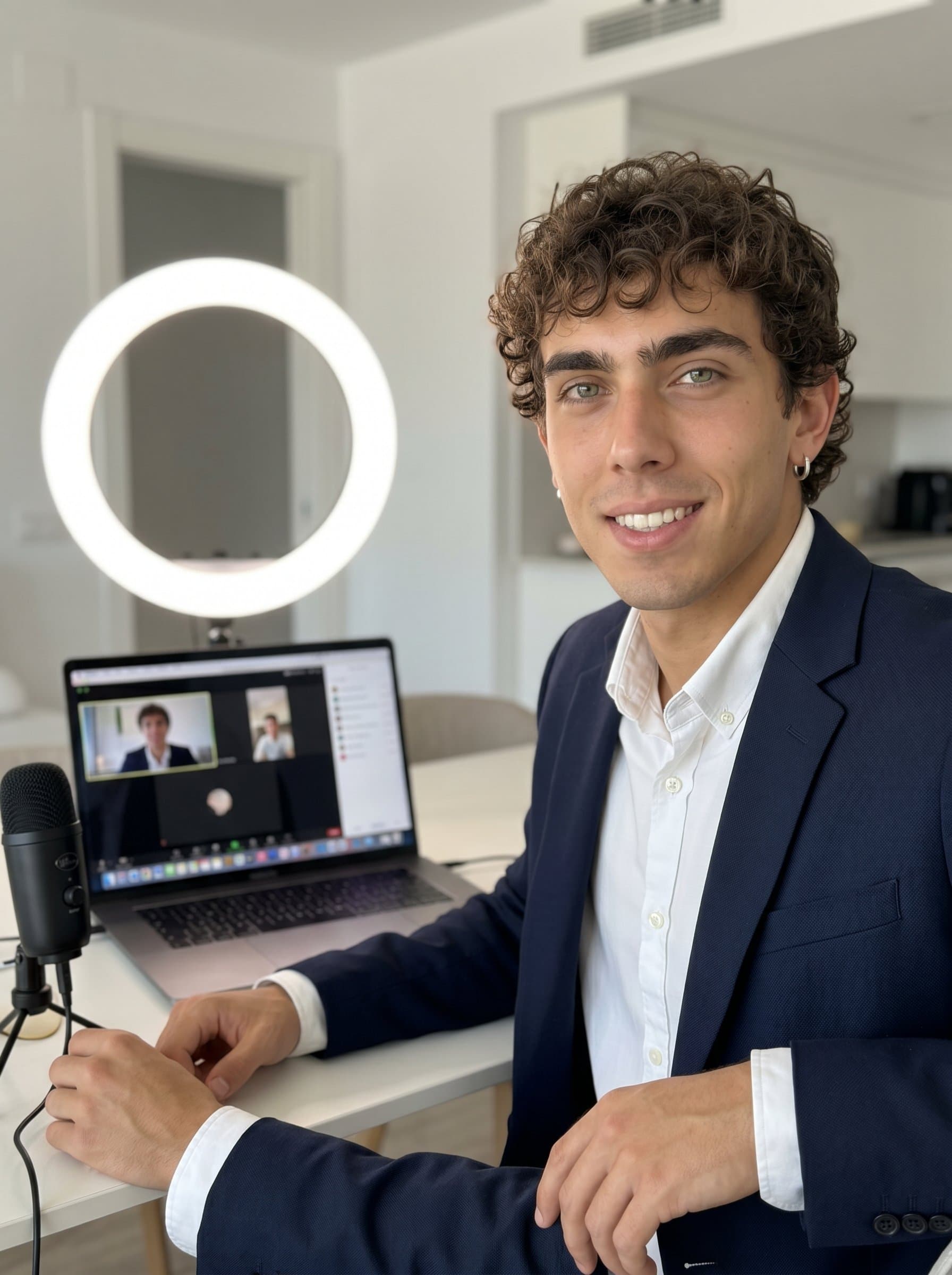 Produce a featuring a professional speaker in a virtual setting, with a ring light and laptop in frame, projecting assurance and ease through the screen.