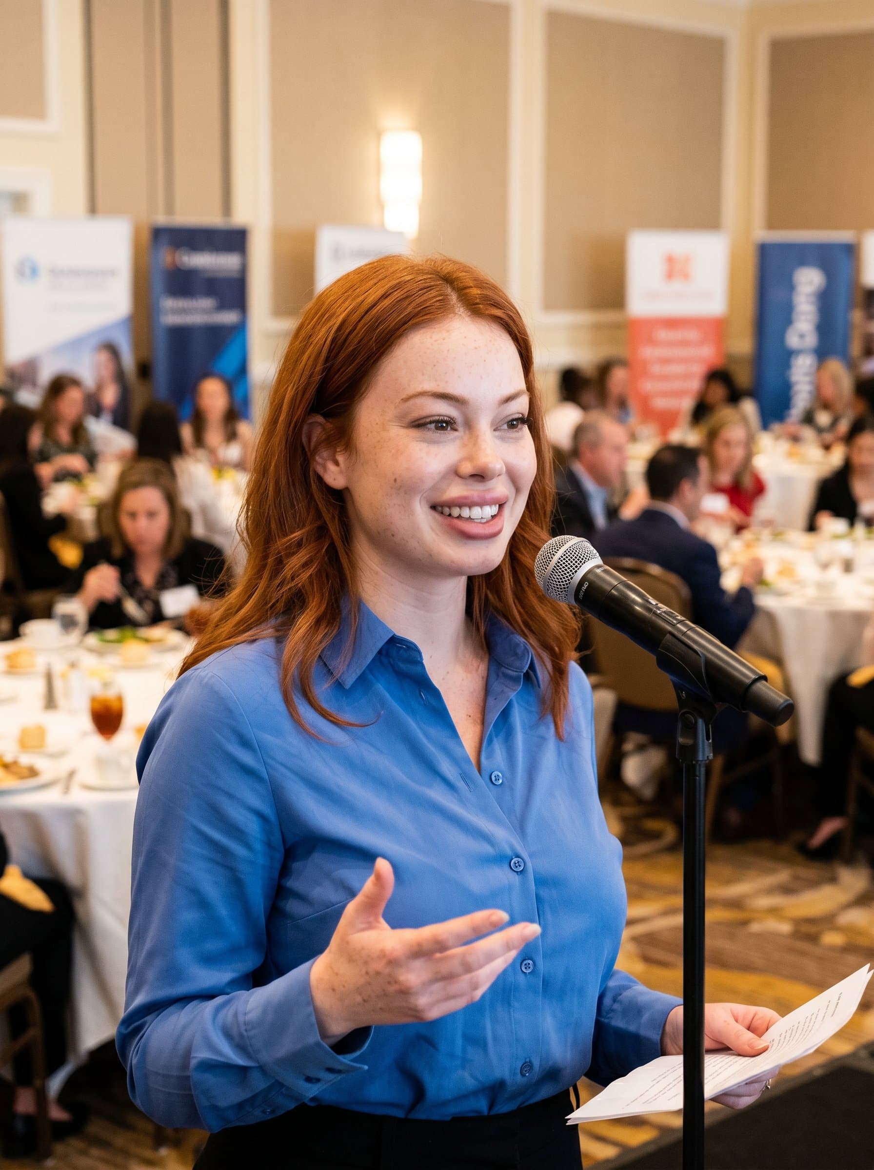 Capture a of a public speaker at a business luncheon, wearing a crisp button-down shirt, with dining tables in the background, radiating professionalism and warmth.