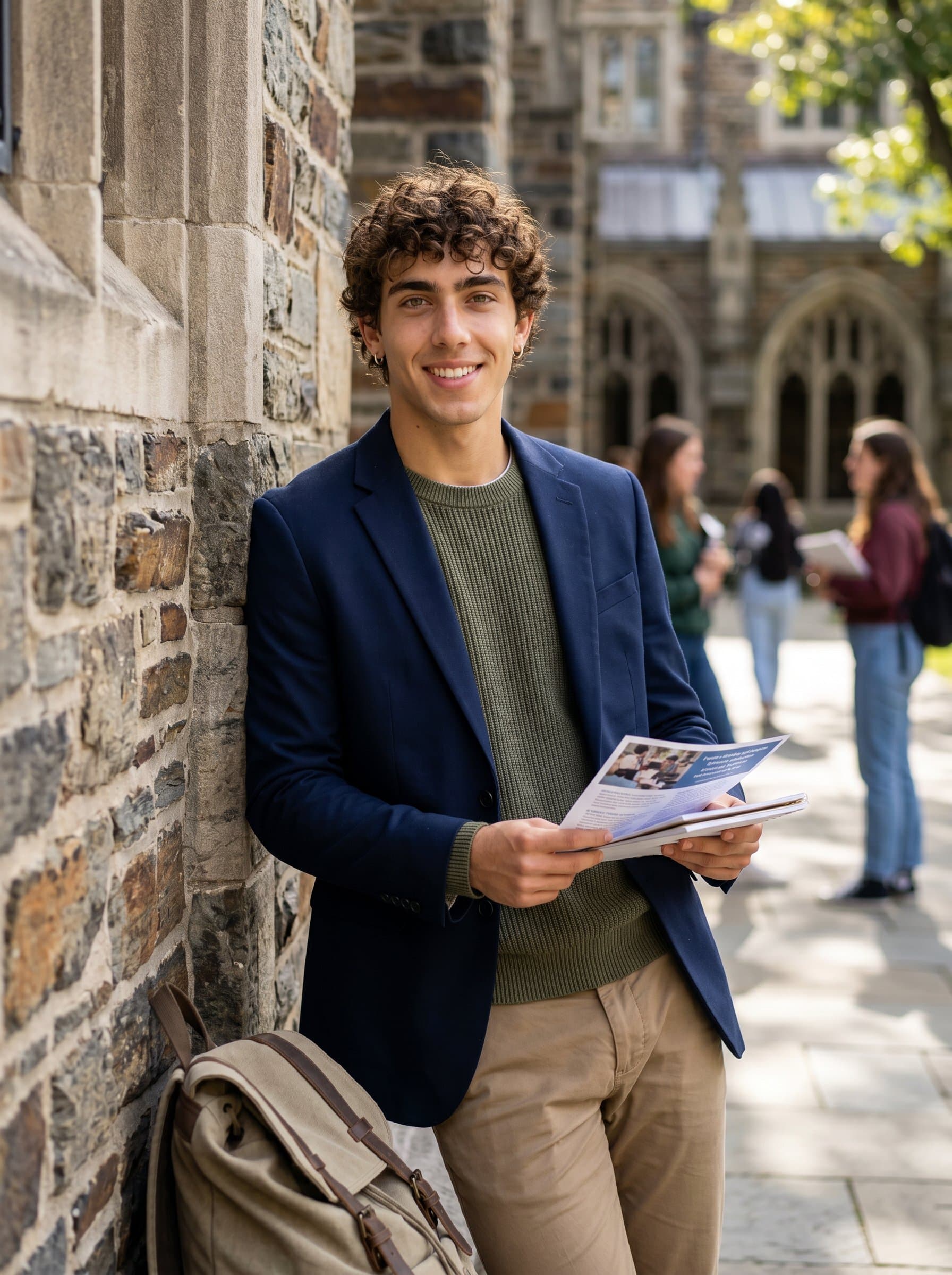 Generate a of a speaker on a university campus, casually leaning against a stone wall, with a backpack nearby, radiating approachability and intellect.
