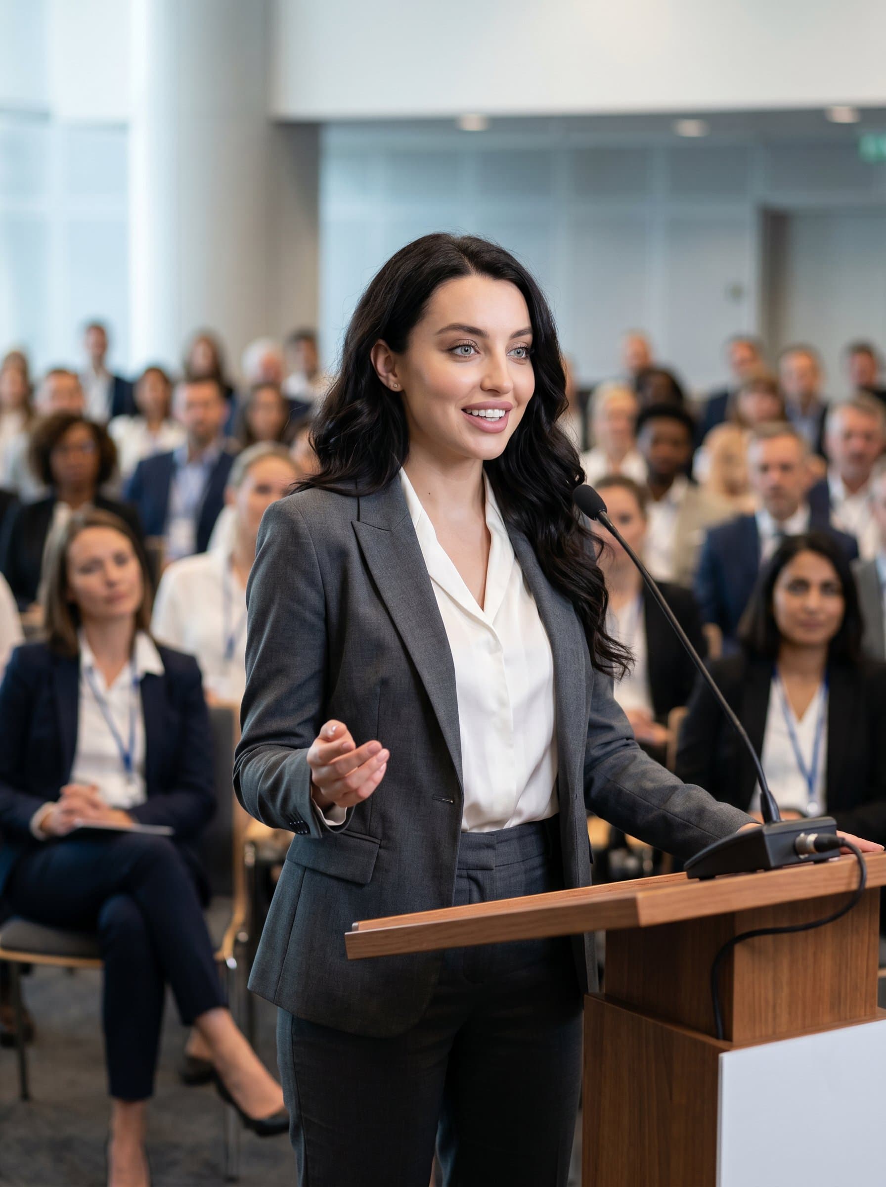 Create a capturing a professional public speaker with a confident smile, wearing a tailored suit, standing behind a podium with a blurred audience in the background, ready to deliver an impactful speech.