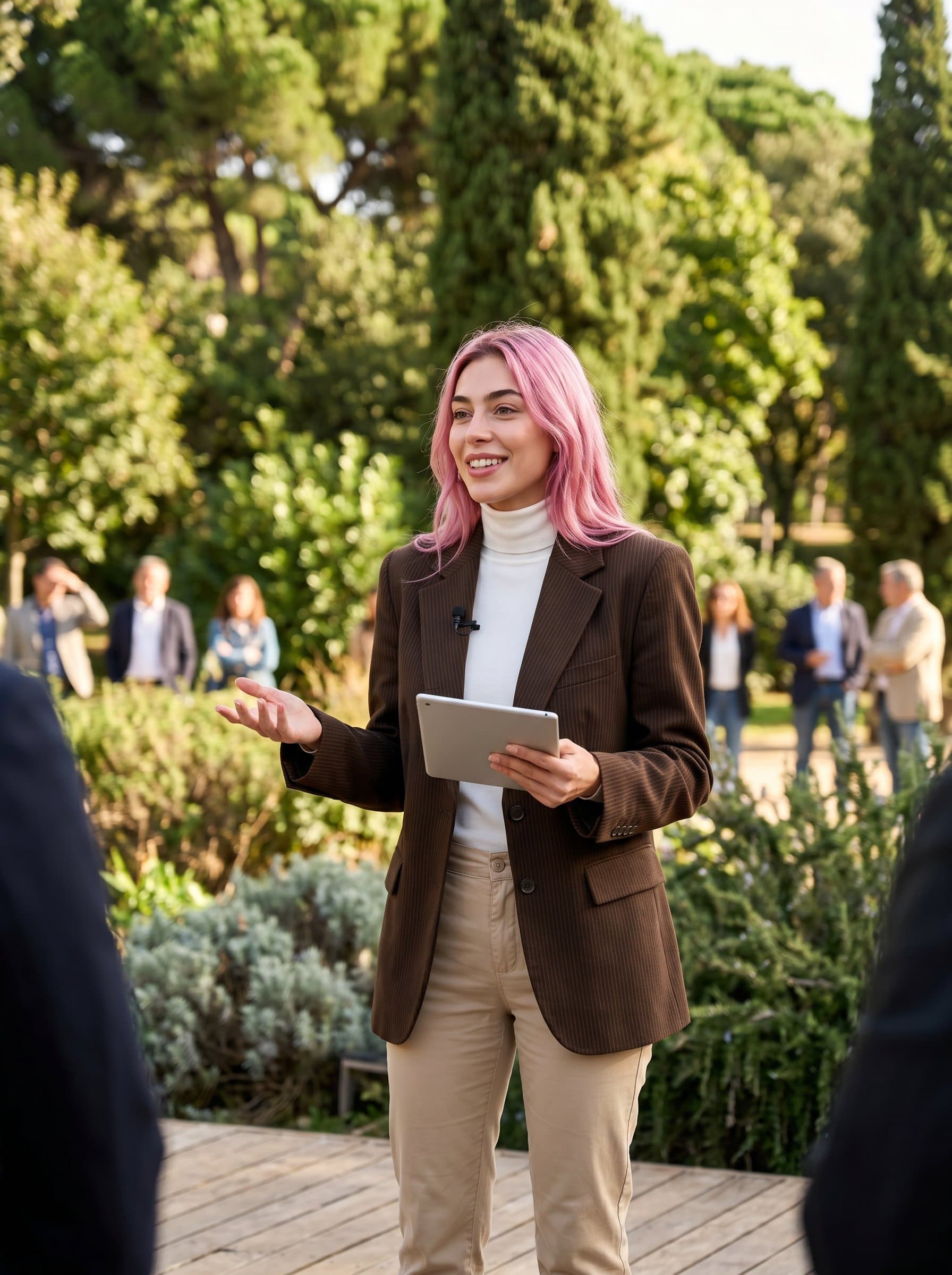 Design a of a poised public speaker outdoors, surrounded by natural greenery, dressed in smart casual attire, holding a tablet, emphasizing a relaxed yet authoritative presence.